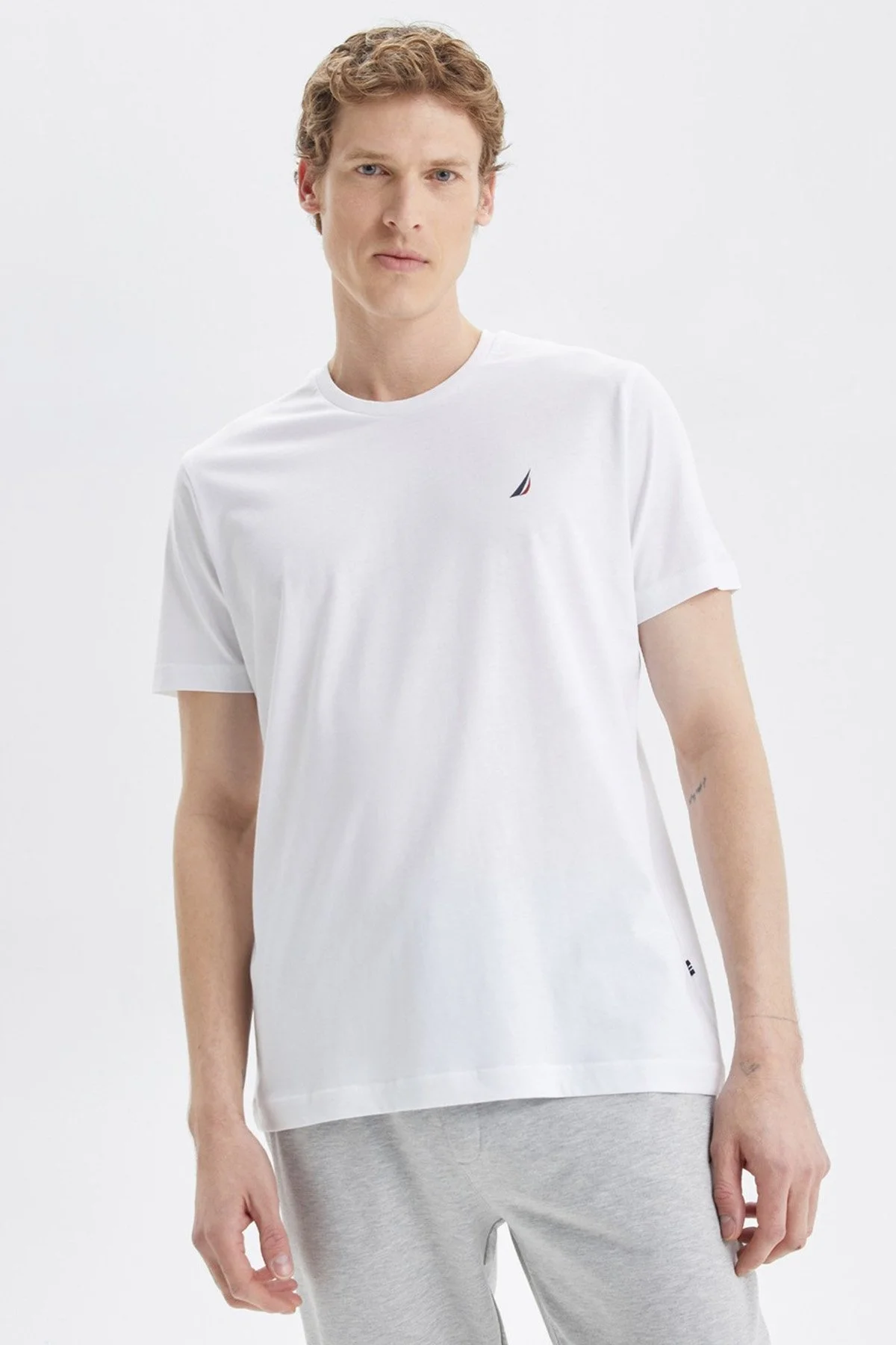Nautica % 100 Pamuk Standart Fit Bisiklet Yaka Erkek T Shirt V35526T 1BW BEYAZ - 1