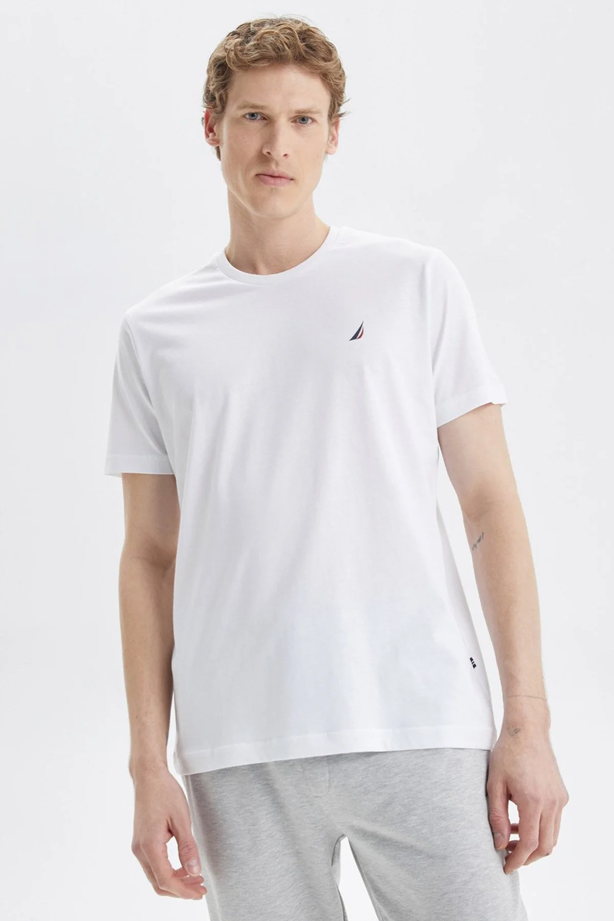 Nautica % 100 Pamuk Standart Fit Bisiklet Yaka Erkek T Shirt V35526T 1BW BEYAZ - 1