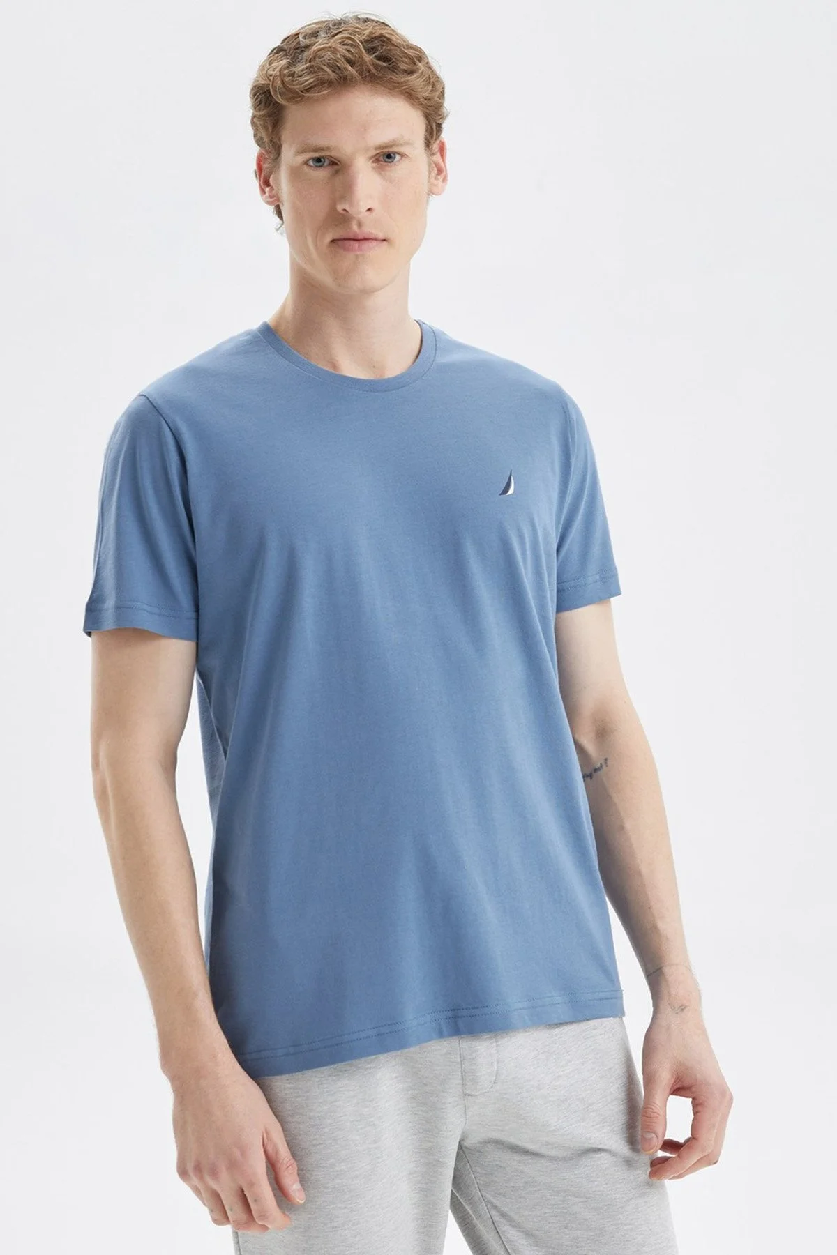 Nautica % 100 Pamuk Standart Fit Bisiklet Yaka Erkek T Shirt V35526T 4GP İNDİGO - 1