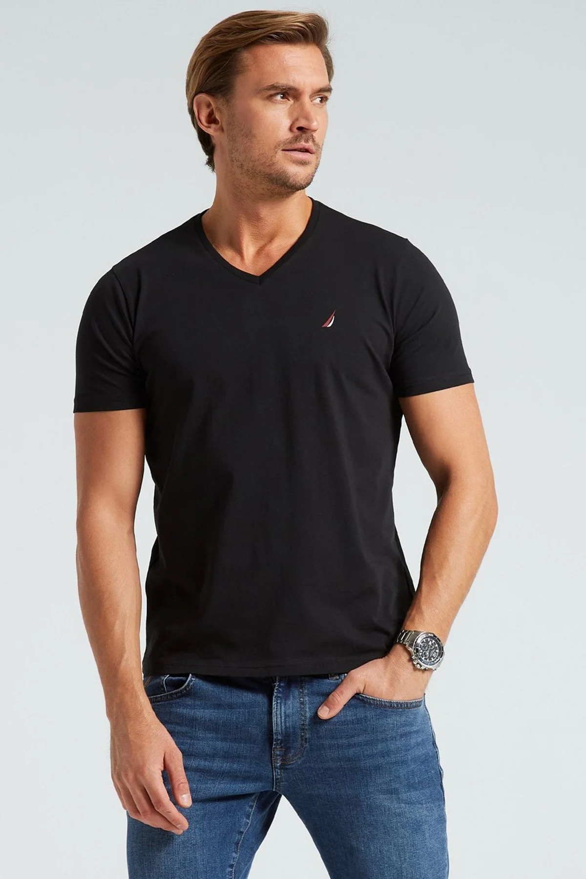 Nautica % 100 Pamuk Standart Fit V Yaka Erkek T Shirt V35525T 0TB SİYAH - 1