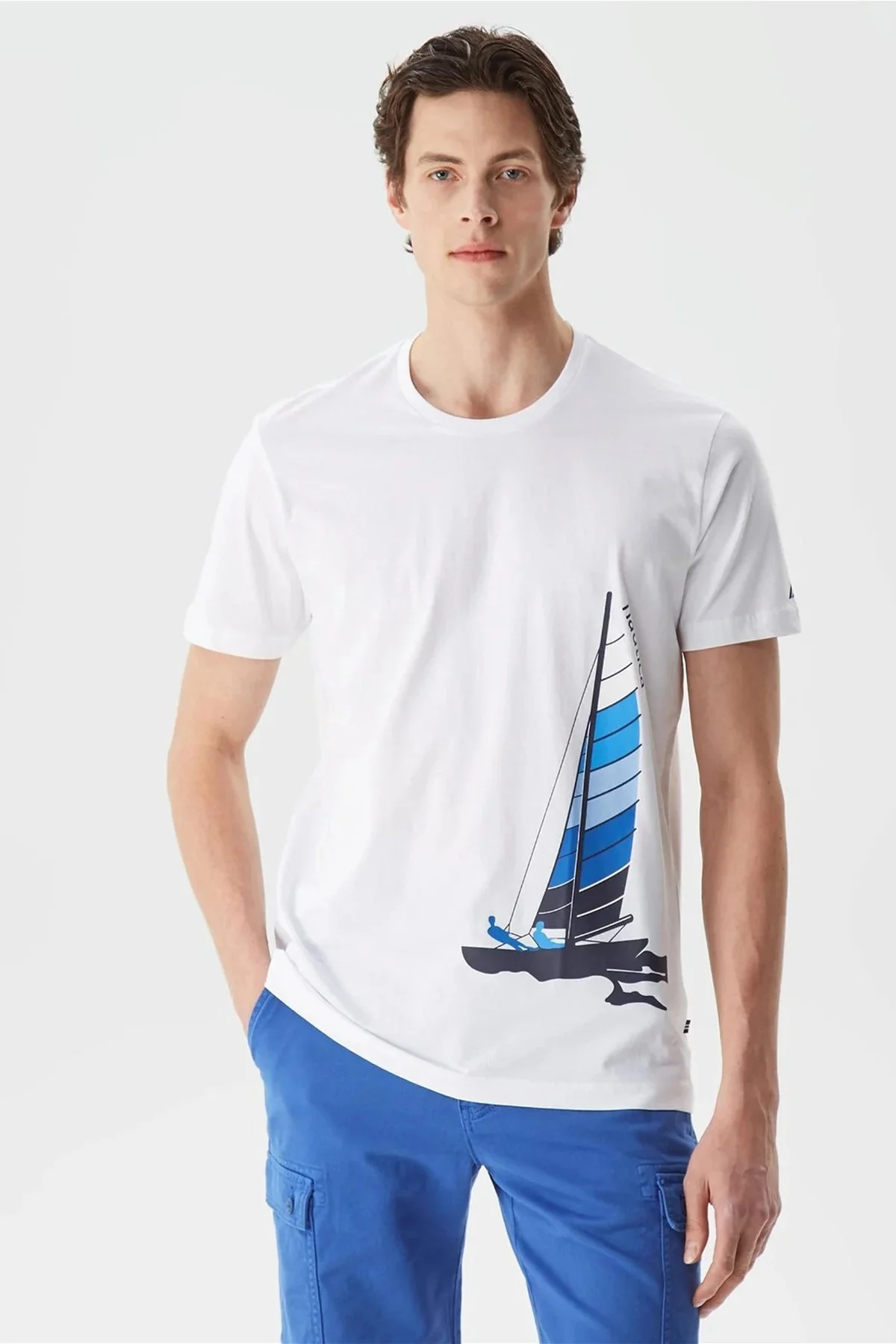 Nautica % 100 Pamuk Tasarım Baskılı Bisiklet Yaka Standart Fit Erkek T Shirt V35529T 1BW BEYAZ - 1
