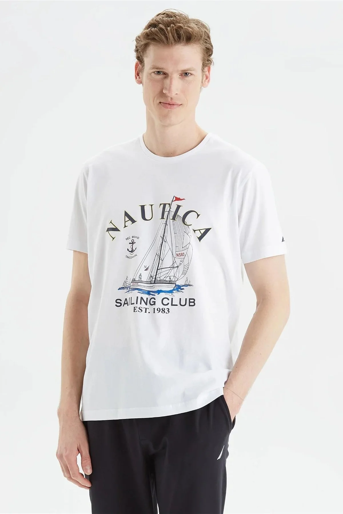 Nautica Baskılı % 100 Pamuk Standart Fit Bisiklet Yaka Erkek T Shirt V35474T 1BW BEYAZ - 1