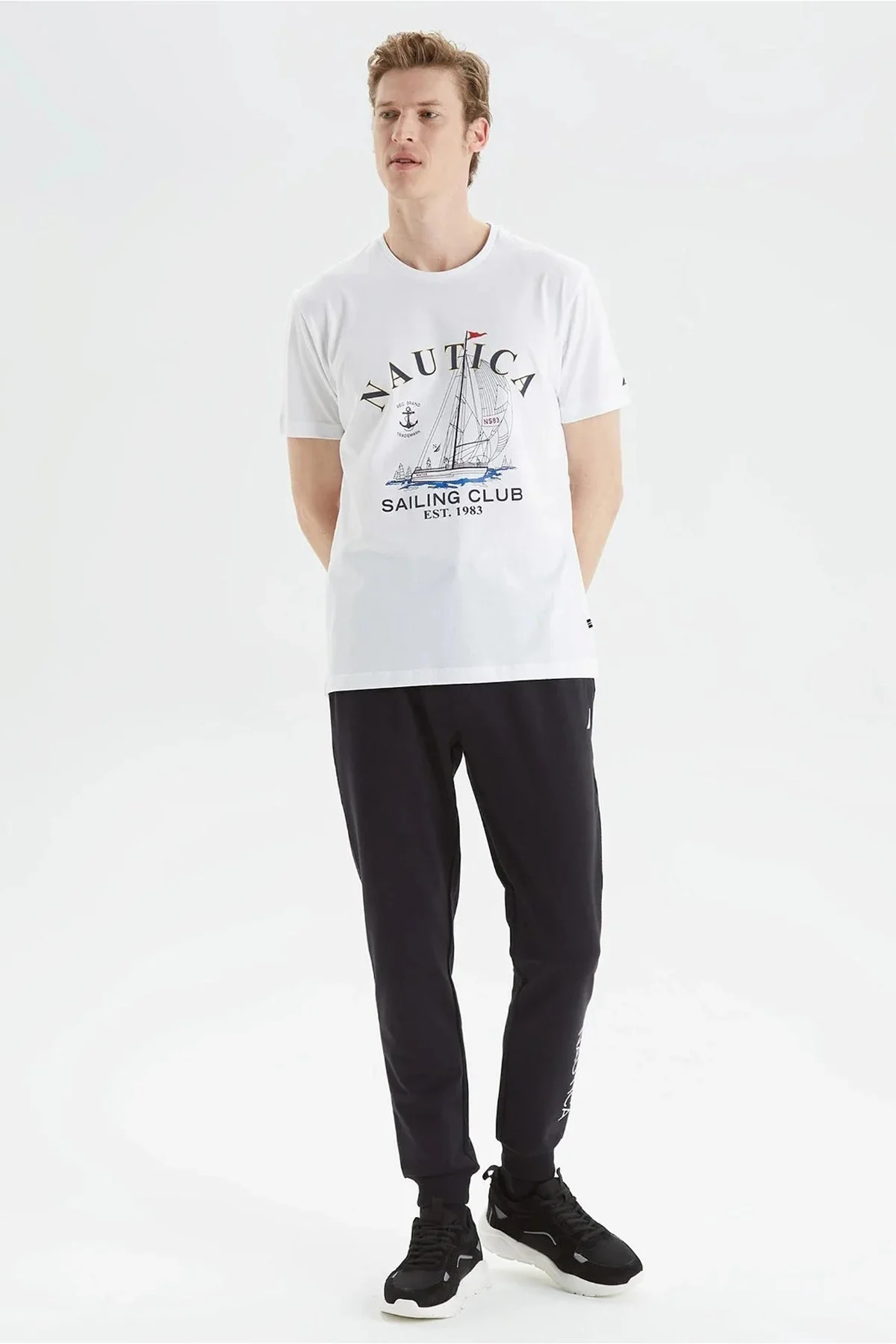 Nautica Baskılı % 100 Pamuk Standart Fit Bisiklet Yaka Erkek T Shirt V35474T 1BW BEYAZ - 2