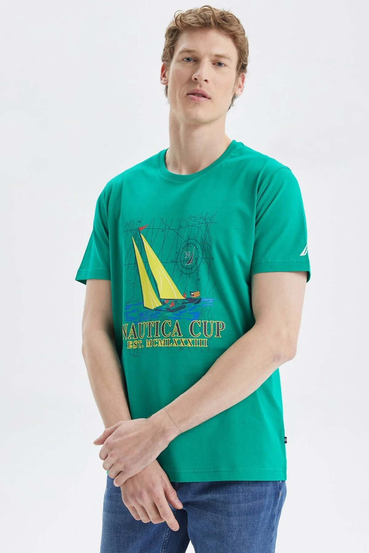 Nautica Baskılı % 100 Pamuk Standart Fit Bisiklet Yaka Erkek T Shirt V35519T 3PX YEŞİL - 5
