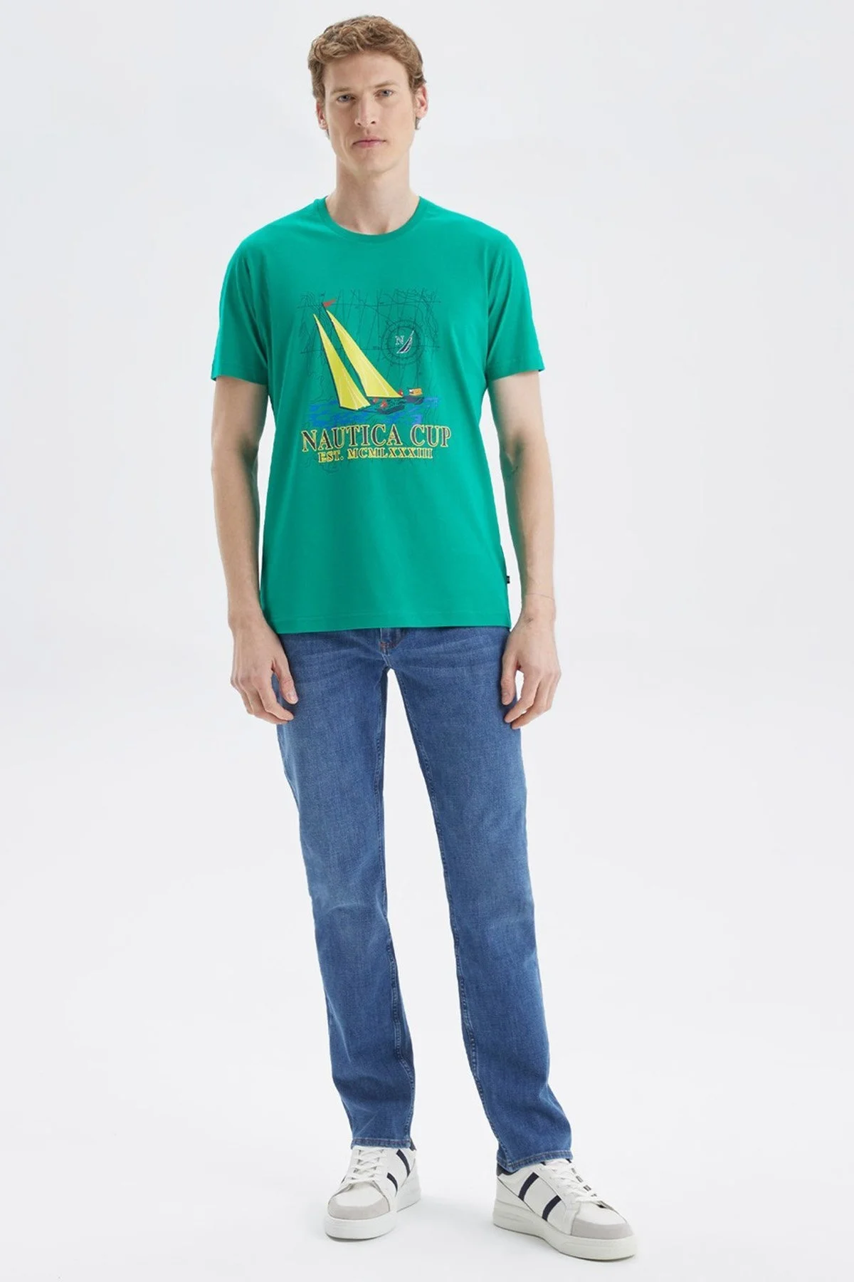 Nautica Baskılı % 100 Pamuk Standart Fit Bisiklet Yaka Erkek T Shirt V35519T 3PX YEŞİL - 6