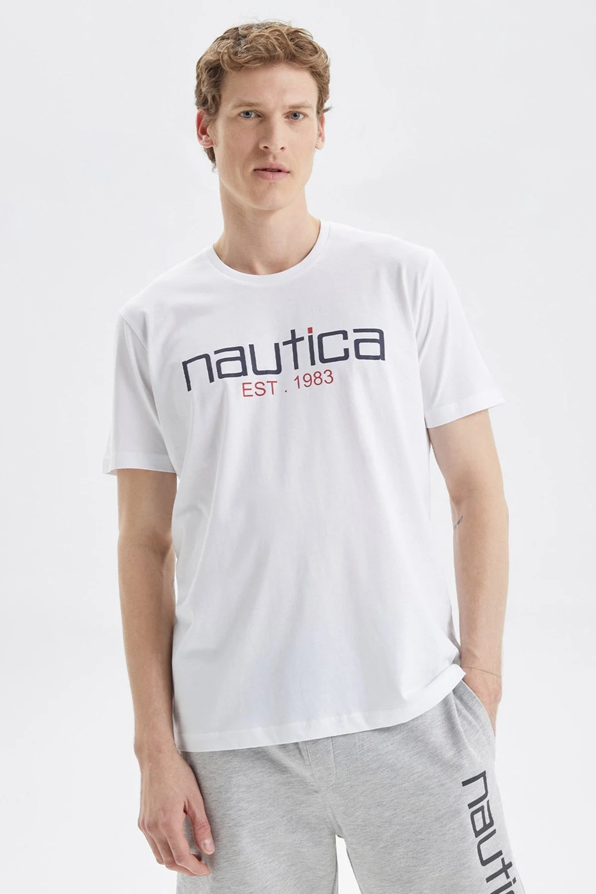 Nautica Baskılı % 100 Pamuk Standart Fit Bisiklet Yaka Erkek T Shirt V35527T 1BW BEYAZ - 1