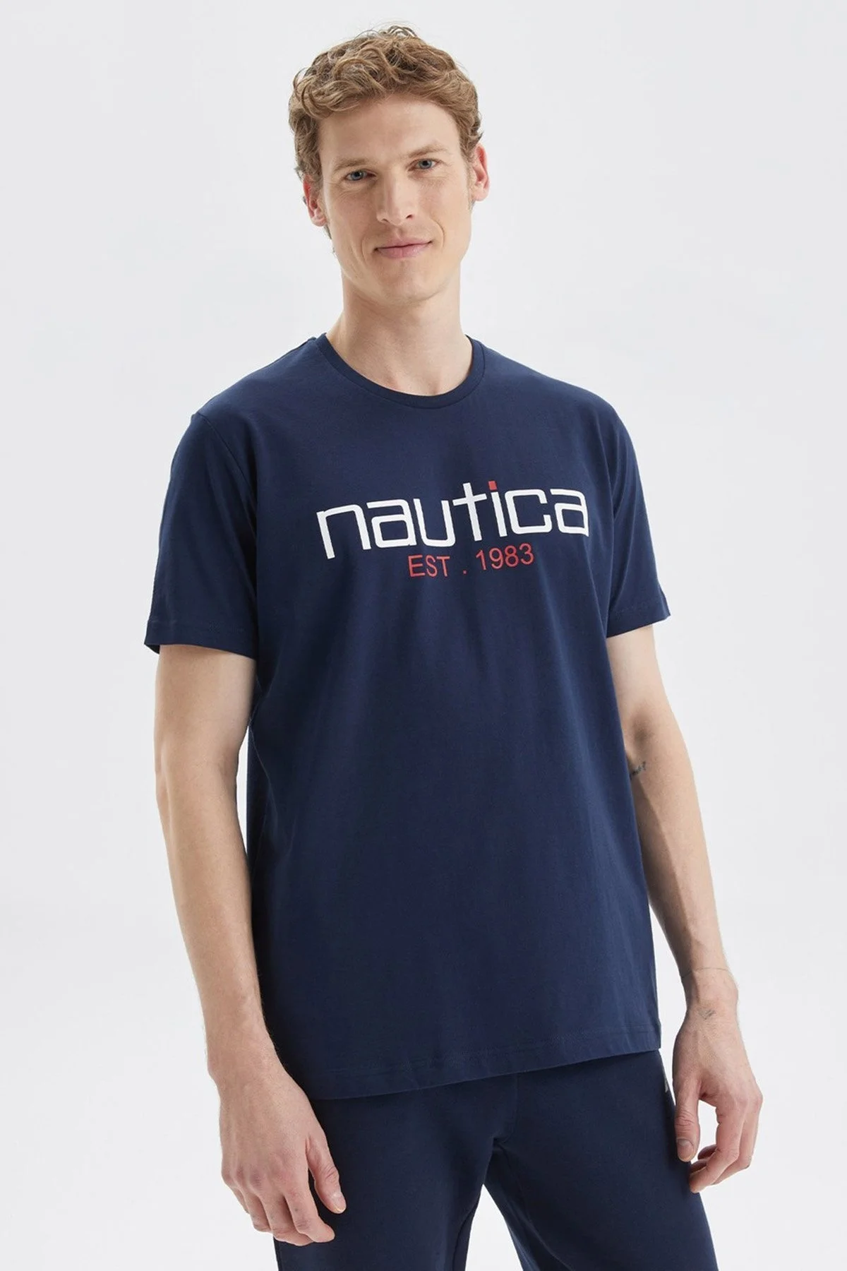 Nautica Baskılı % 100 Pamuk Standart Fit Bisiklet Yaka Erkek T Shirt V35527T 4NV LACİVERT - 1