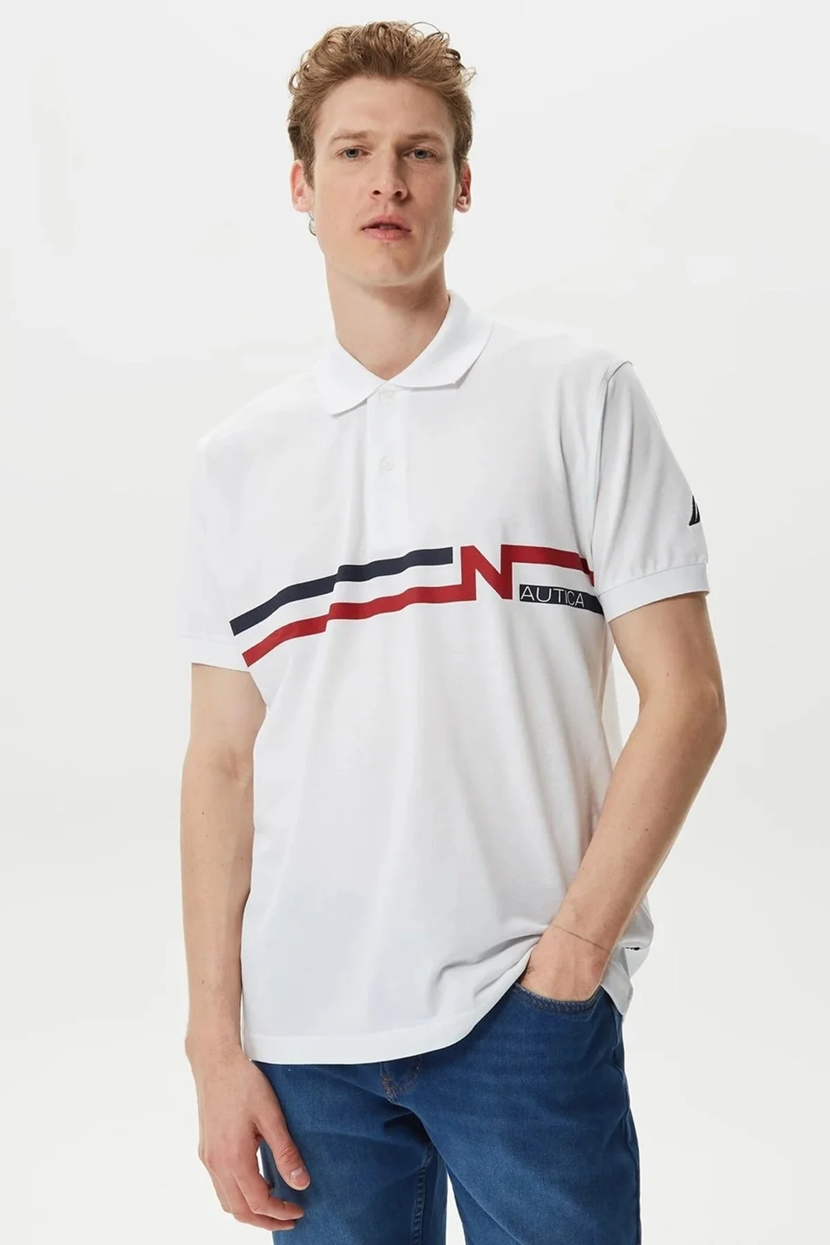 Nautica Baskılı % 100 Pamuklu Classic Fit Erkek Polo T Shirt K35510T 1BW BEYAZ - 1
