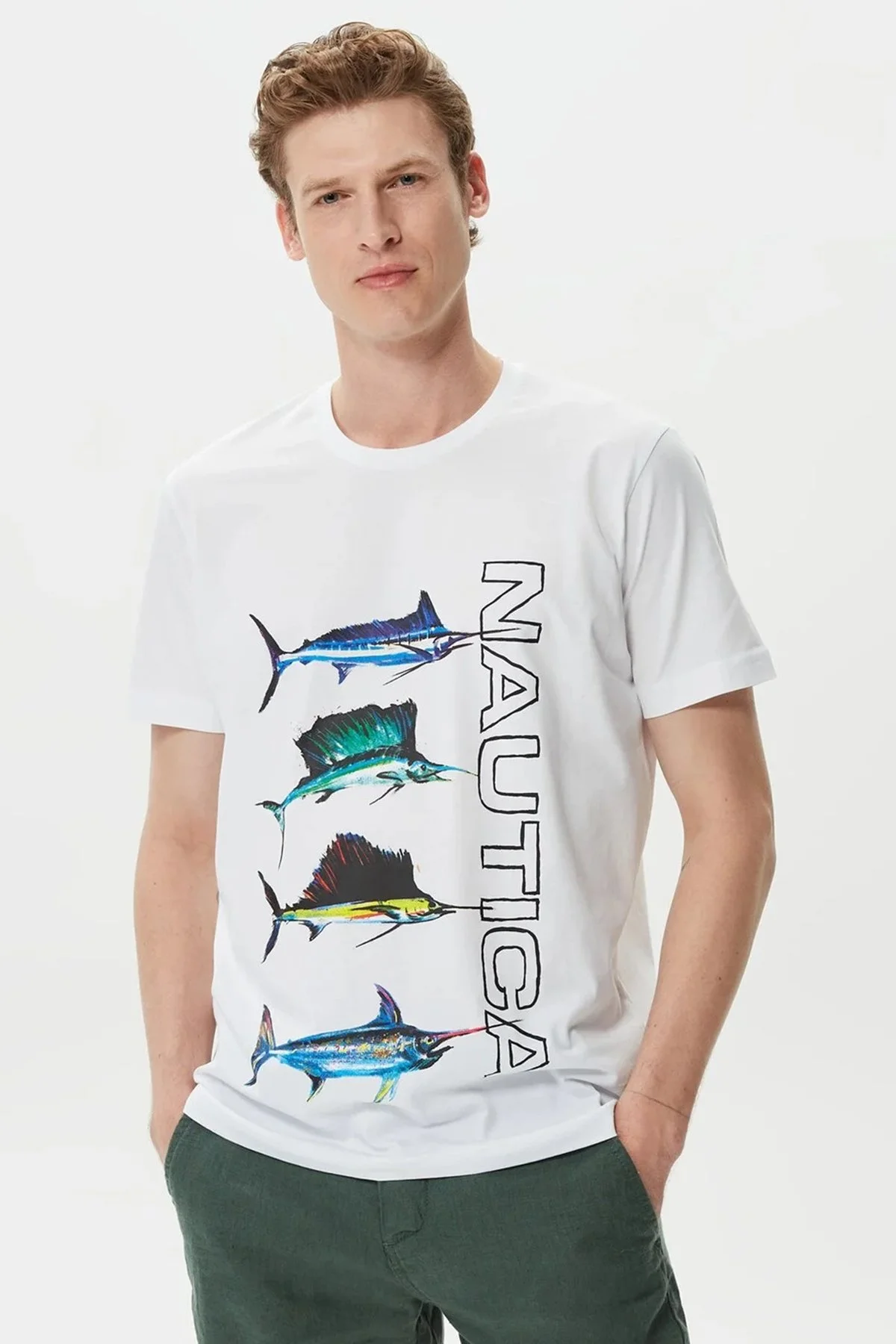 Nautica Baskılı % 100 Pamuklu Kısa Kollu Erkek T Shirt V35025T 1BW BEYAZ - 1
