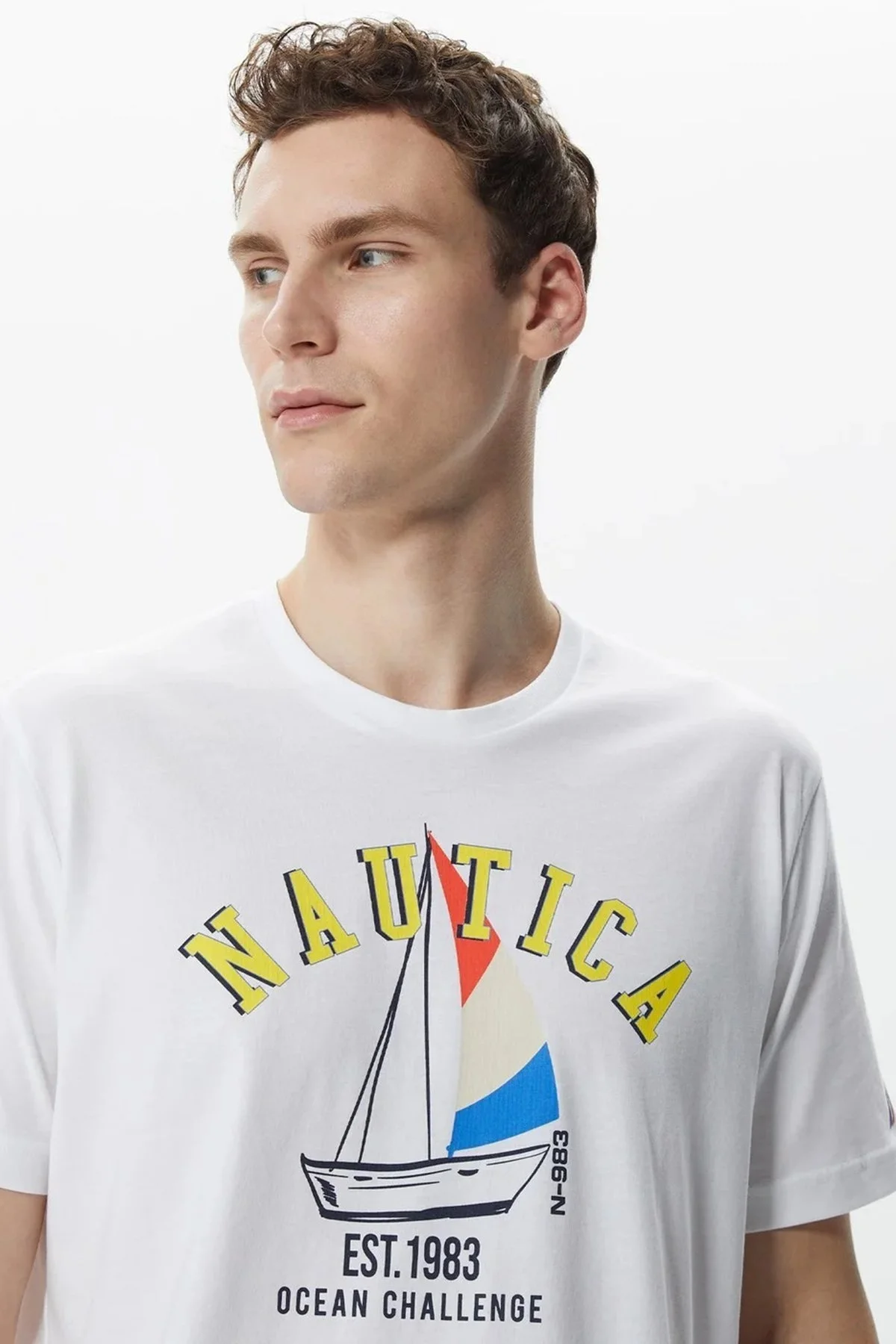 Nautica Baskılı % 100 Pamuklu Regular Fit Bisiklet Yaka Erkek T Shirt V35516T 1BW BEYAZ - 4