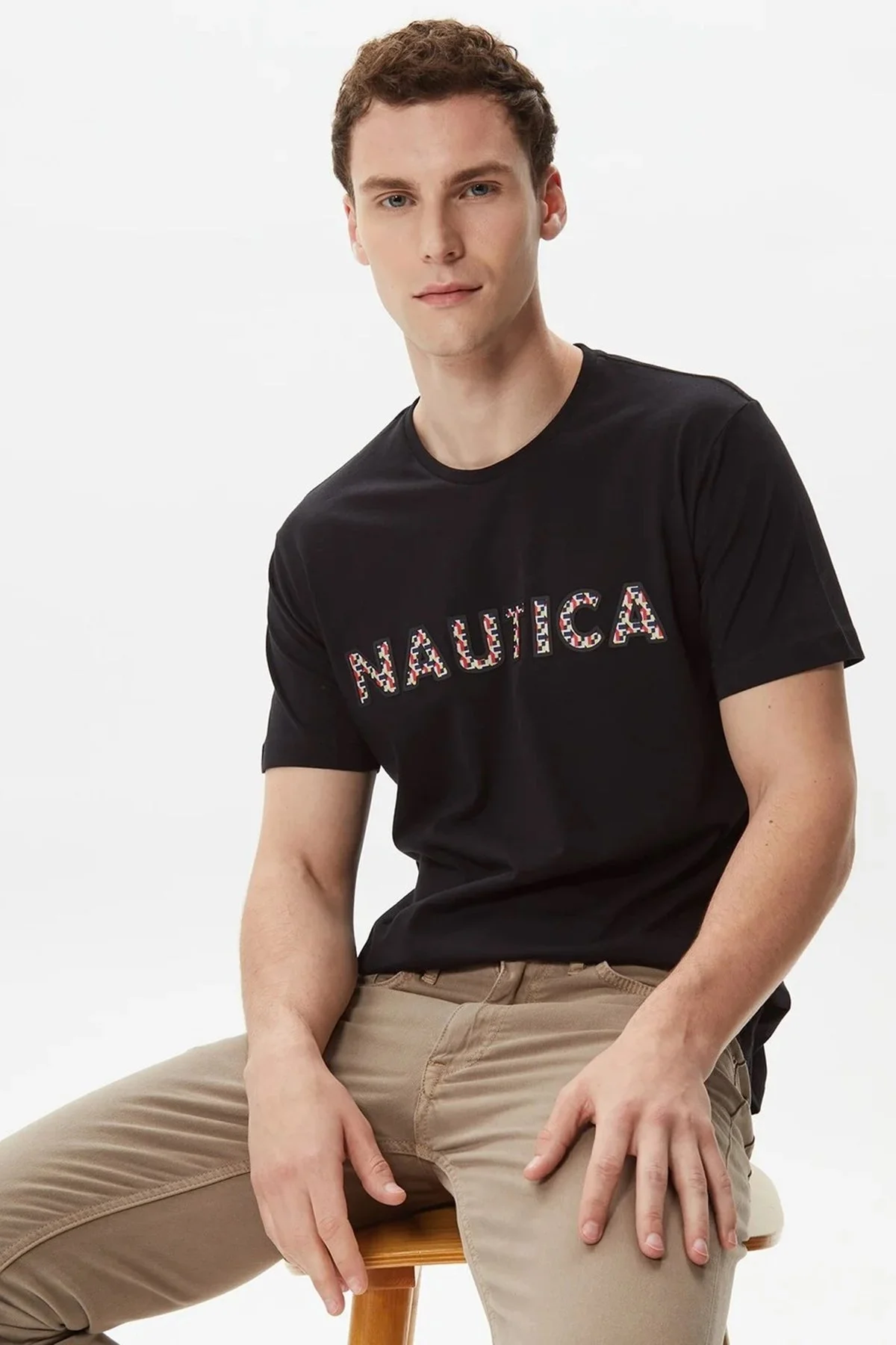 Nautica Baskılı % 100 Pamuklu Slim Fit Bisiklet Yaka Erkek T Shirt V35412T 0TB SİYAH - 1