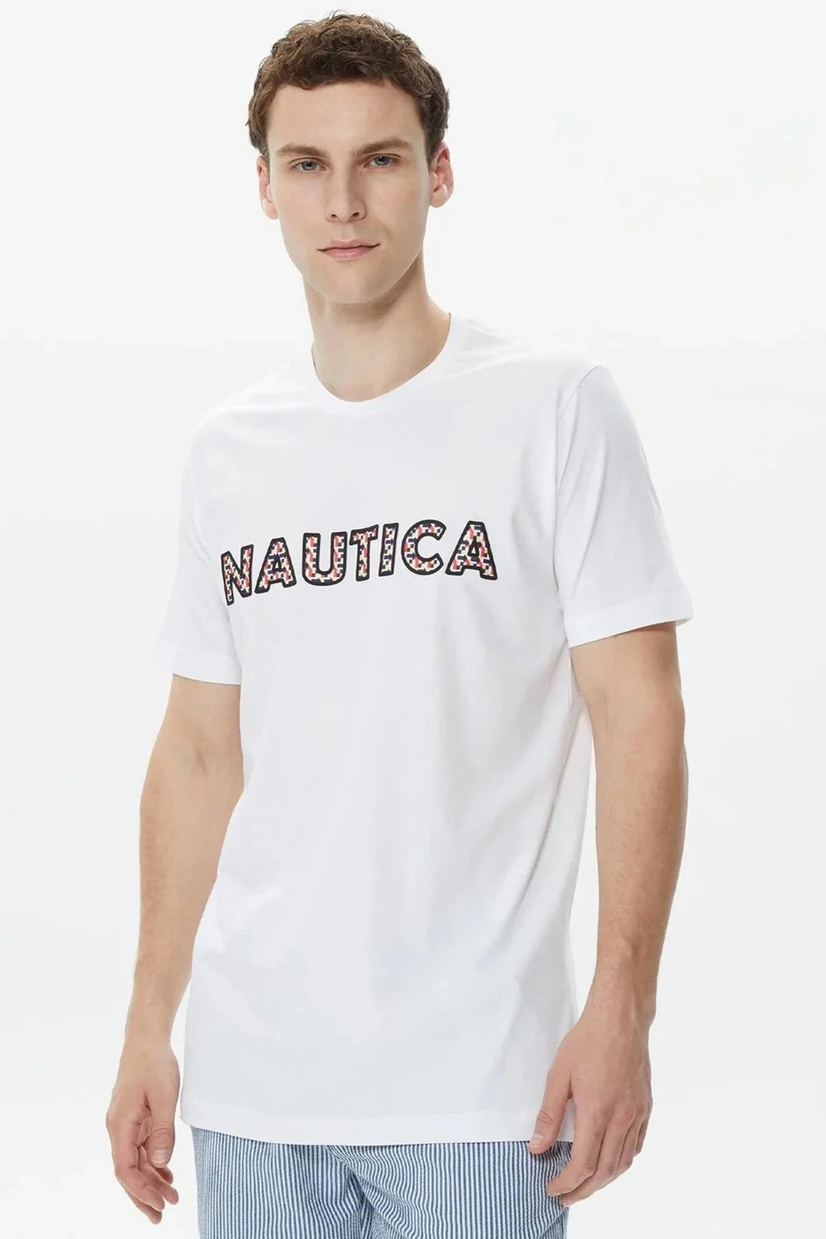 Nautica Baskılı % 100 Pamuklu Slim Fit Bisiklet Yaka Erkek T Shirt V35412T 1BW BEYAZ - 5
