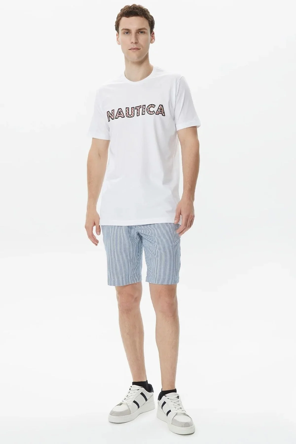 Nautica Baskılı % 100 Pamuklu Slim Fit Bisiklet Yaka Erkek T Shirt V35412T 1BW BEYAZ - 7
