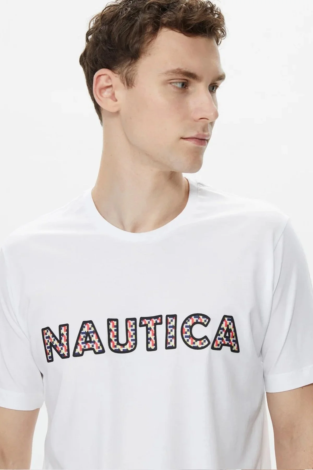 Nautica Baskılı % 100 Pamuklu Slim Fit Bisiklet Yaka Erkek T Shirt V35412T 1BW BEYAZ - 8