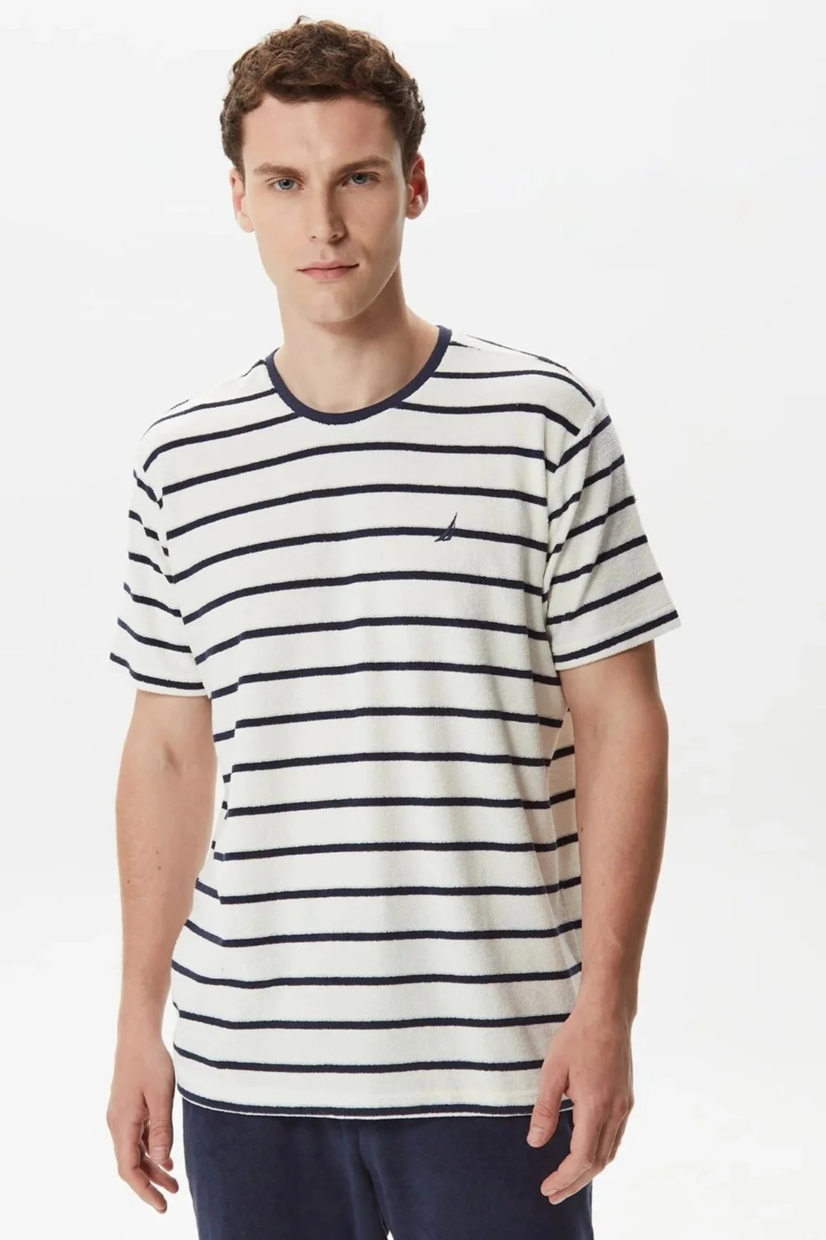 Nautica Çizgili Pamuklu Bisiklet Yaka Erkek T Shirt V35018T 4NV EKRU-LACİVERT - 1