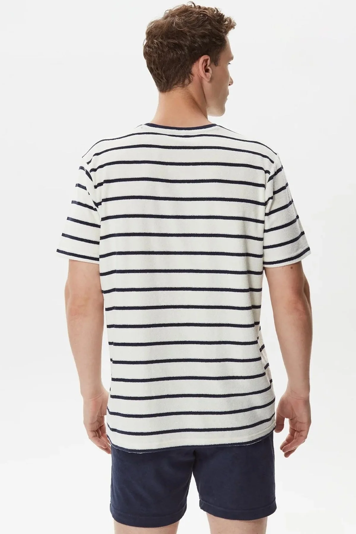 Nautica Çizgili Pamuklu Bisiklet Yaka Erkek T Shirt V35018T 4NV EKRU-LACİVERT - 2