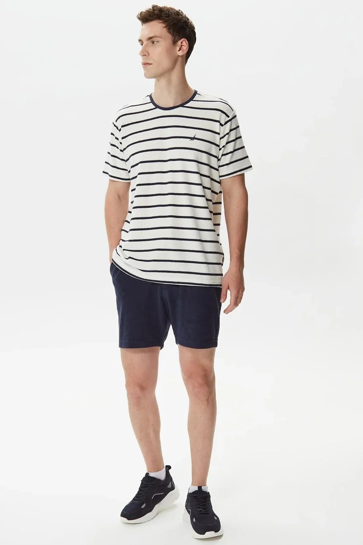 Nautica Çizgili Pamuklu Bisiklet Yaka Erkek T Shirt V35018T 4NV EKRU-LACİVERT - 3