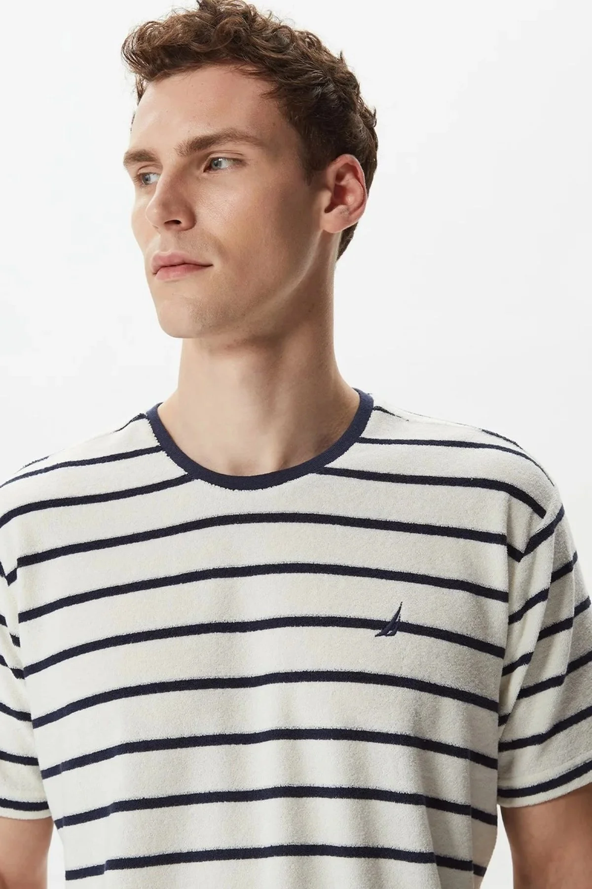 Nautica Çizgili Pamuklu Bisiklet Yaka Erkek T Shirt V35018T 4NV EKRU-LACİVERT - 4