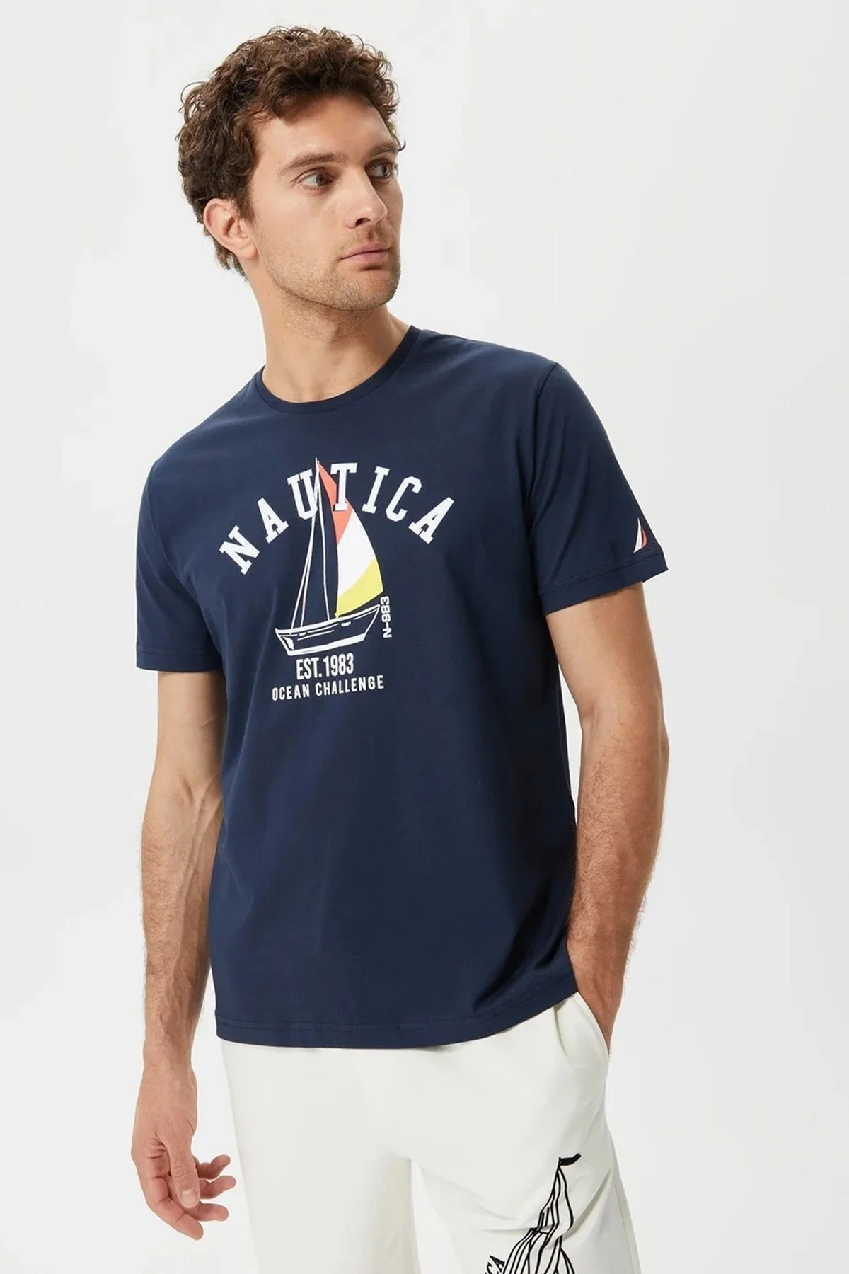 Nautica Desenli % 100 Pamuk Regular Fit Bisiklet Yaka Erkek T Shirt V35516T 4NV LACİVERT - 1