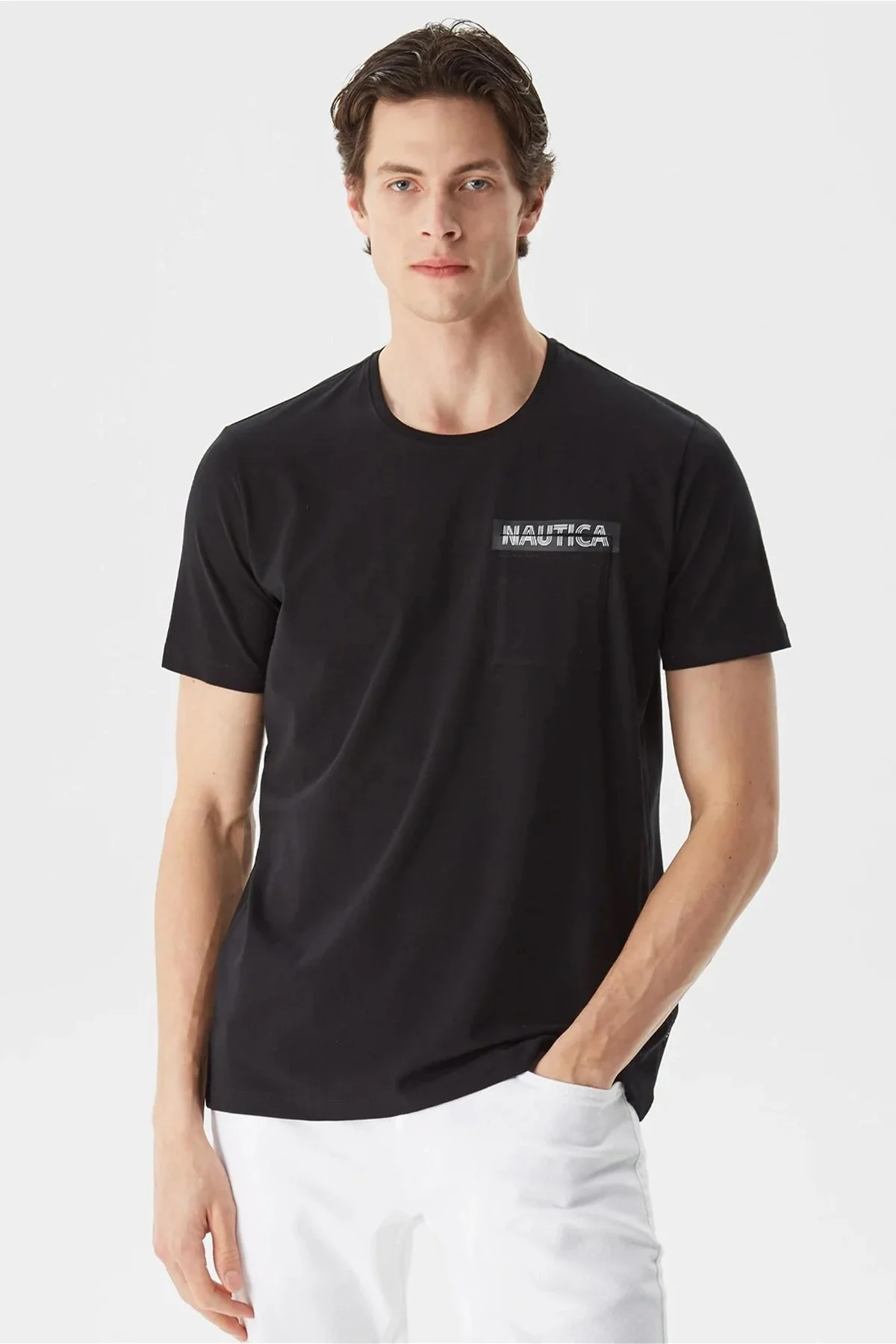 Nautica Pamuklu Göğüs Cepli Logolu Bisiklet Yaka Standart Fit Erkek T Shirt V35420T 0TB SİYAH - 1