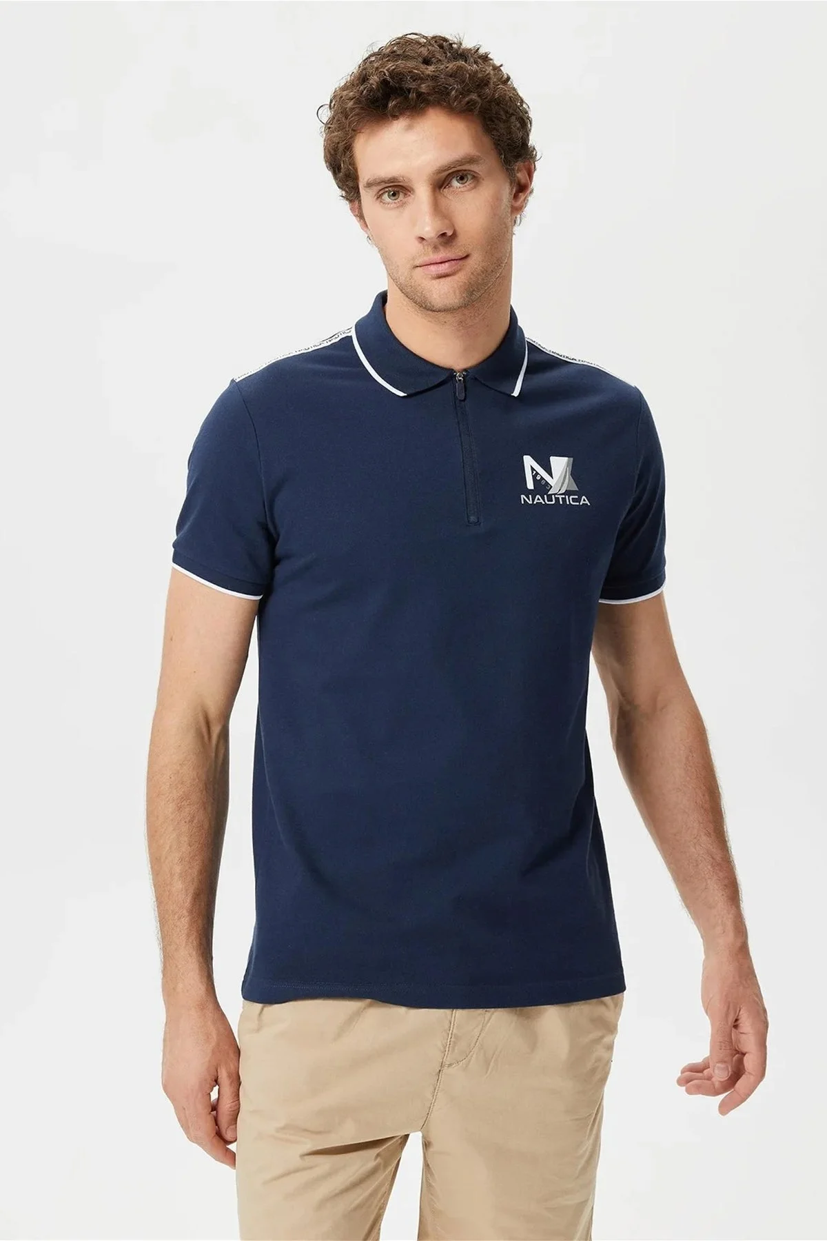 Nautica Pamuklu Logo Baskılı Çizgi Detaylı Slim Fit Erkek Polo T Shirt K35427T 4NV LACİVERT - 1