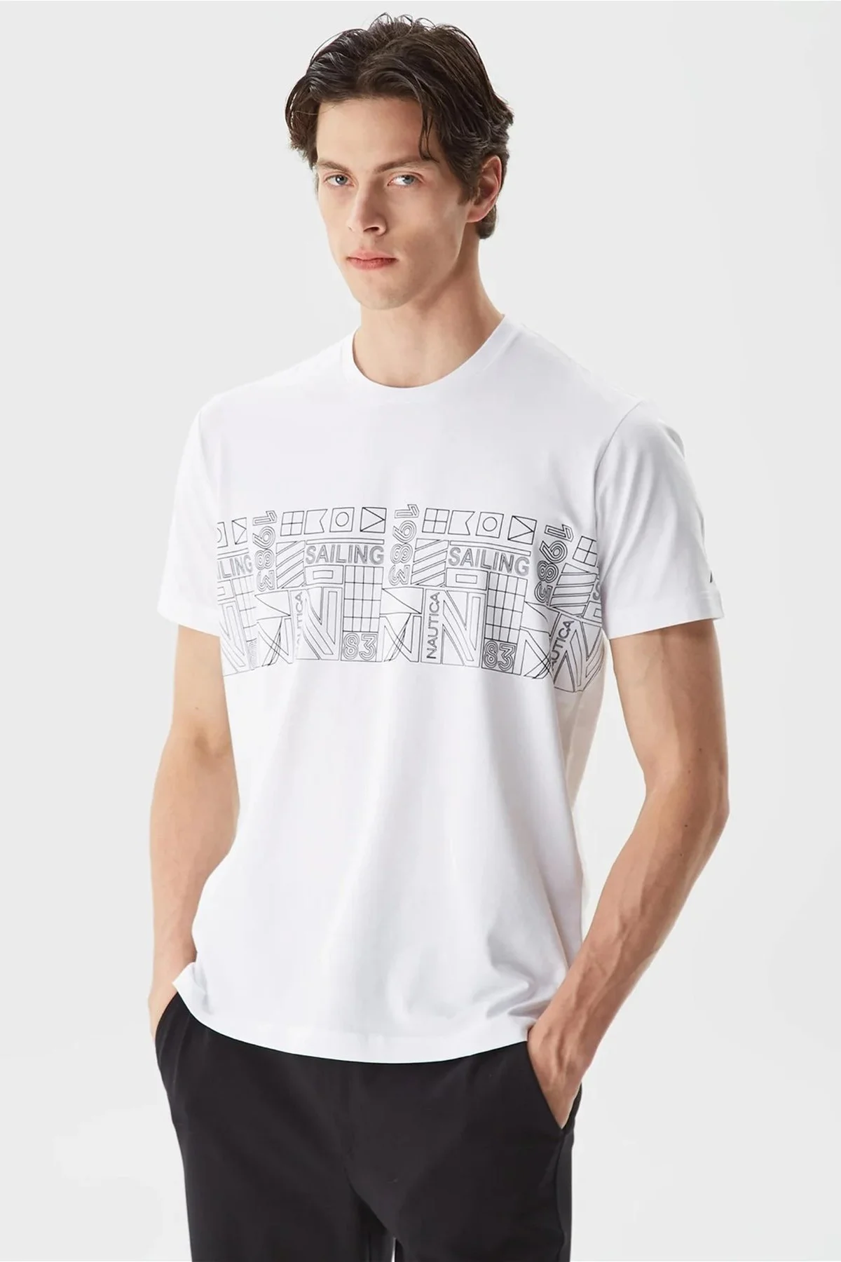 Nautica Pamuklu Tasarım Baskılı Bisiklet Yaka Standart Fit Erkek T Shirt V35541T 1BW BEYAZ - 1