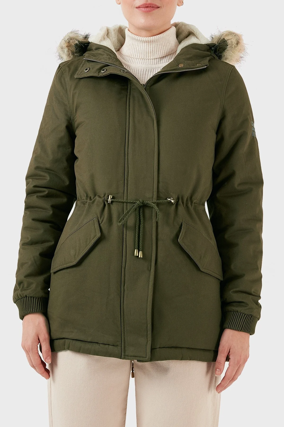 Norway Geographical Isı Yalıtımlı Peluş Astarlı Çıkarılabilir Suni Tüylü Kapüşonlu Bayan Parka AMPURIA HAKİ - 1