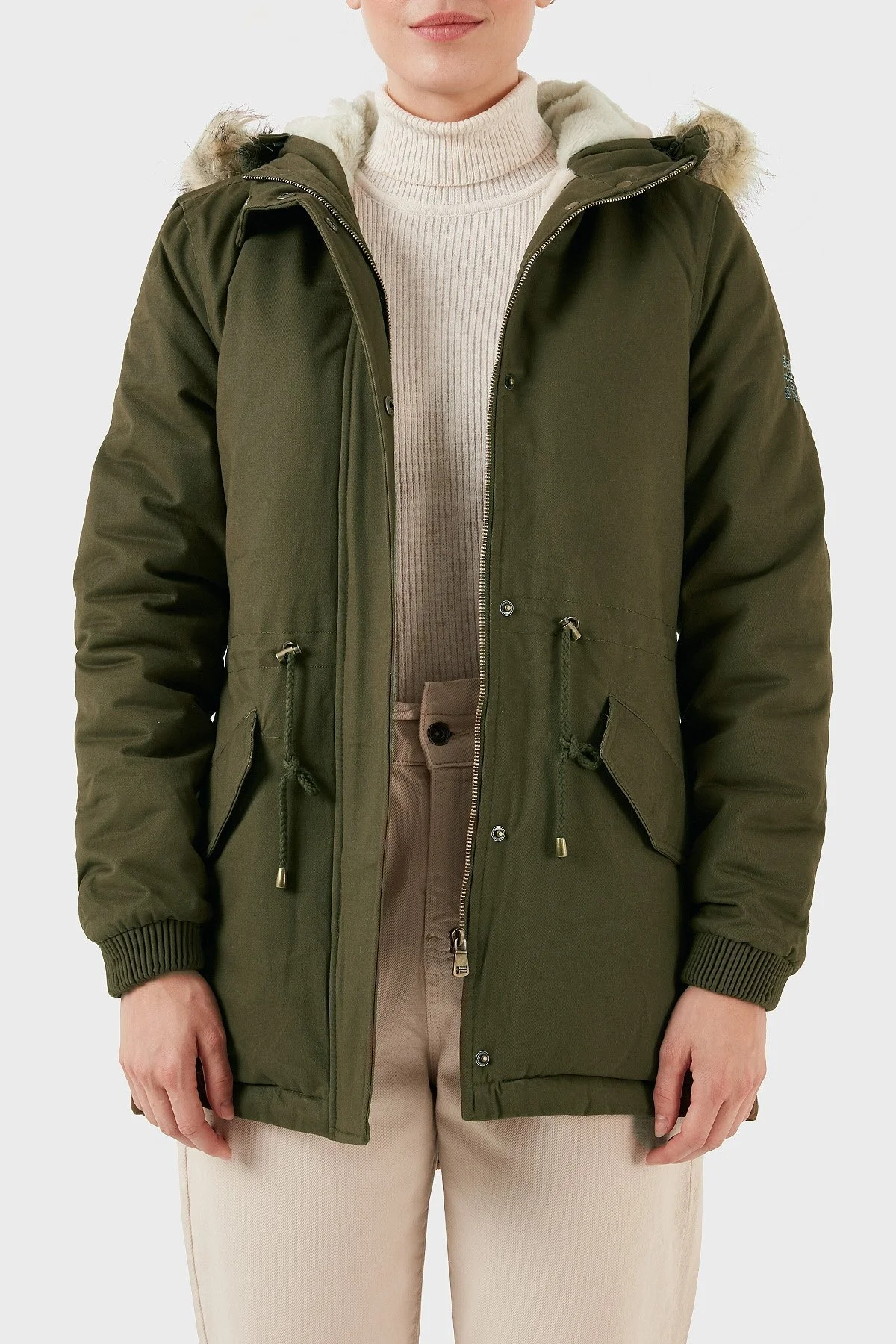 Norway Geographical Isı Yalıtımlı Peluş Astarlı Çıkarılabilir Suni Tüylü Kapüşonlu Bayan Parka AMPURIA HAKİ - 2