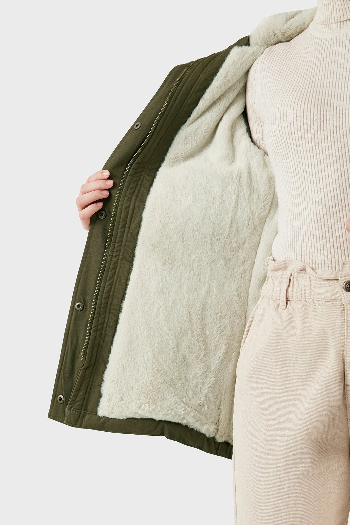 Norway Geographical Isı Yalıtımlı Peluş Astarlı Çıkarılabilir Suni Tüylü Kapüşonlu Bayan Parka AMPURIA HAKİ - 5