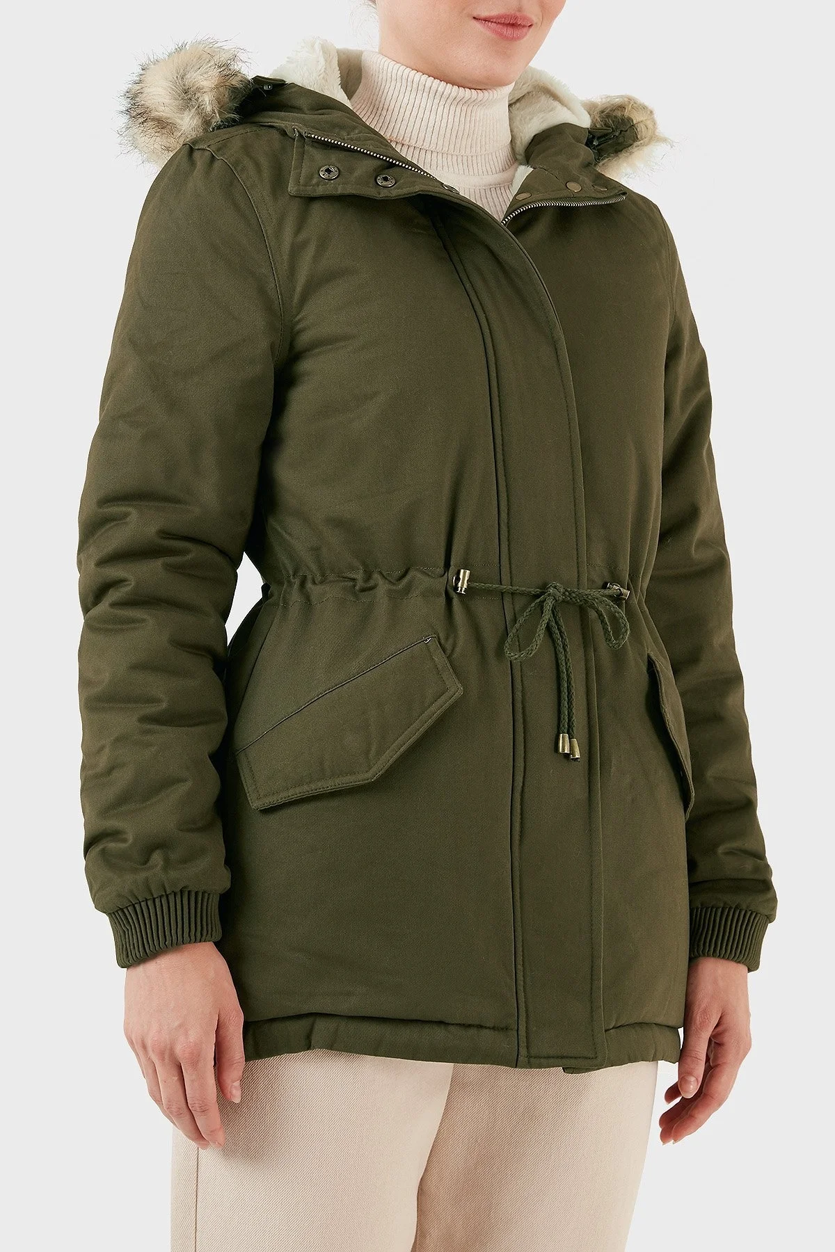 Norway Geographical Isı Yalıtımlı Peluş Astarlı Çıkarılabilir Suni Tüylü Kapüşonlu Bayan Parka AMPURIA HAKİ - 7