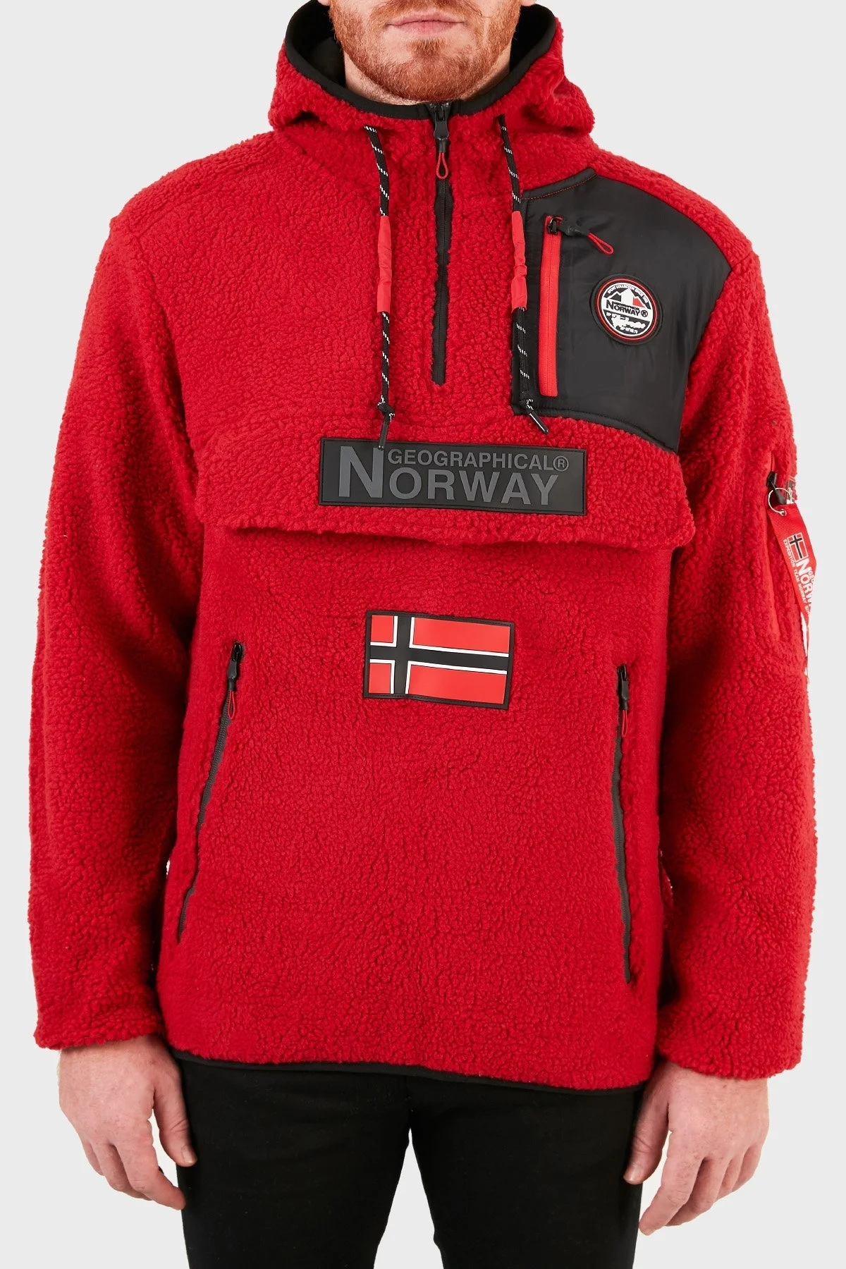 Norway Geographical Kapüşonlu Yumuşak Dokulu Soğuğa Dayanıklı Yarım Fermuar Outdoor Erkek Polar TERIFIQUE KIRMIZI - 1