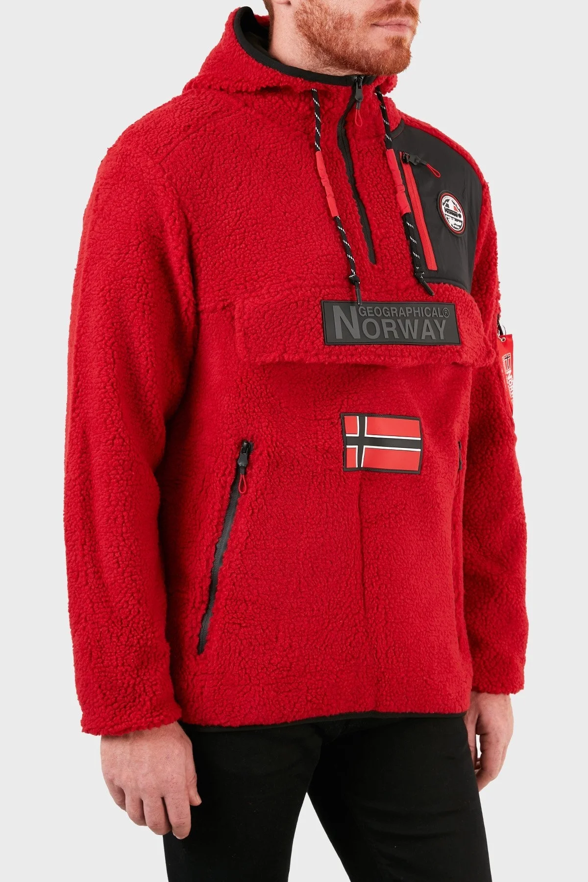 Norway Geographical Kapüşonlu Yumuşak Dokulu Soğuğa Dayanıklı Yarım Fermuar Outdoor Erkek Polar TERIFIQUE KIRMIZI - 3