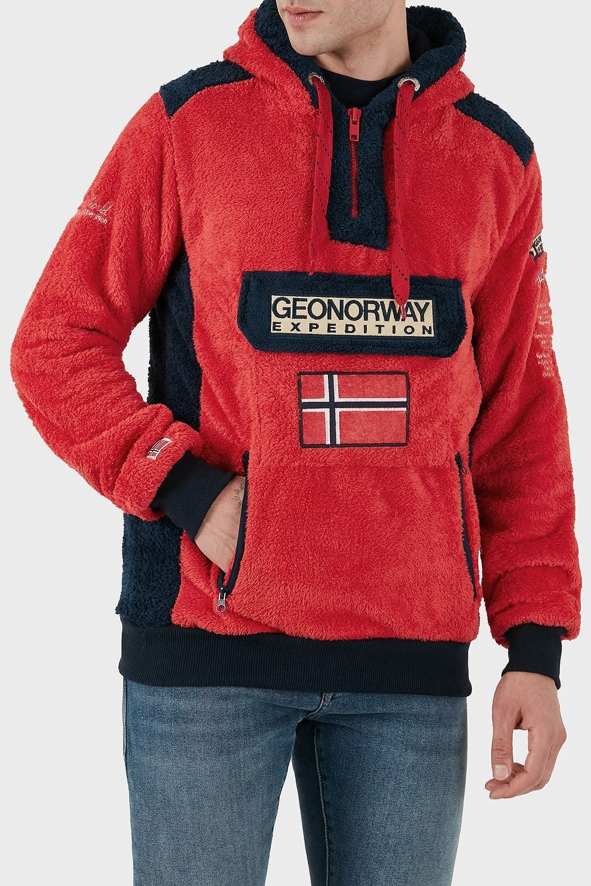 Norway Geographical Kapüşonlu Yarım Fermuarlı Outdoor Polar Erkek Sweat GYMCLASSSHERCO KIRMIZI - 9