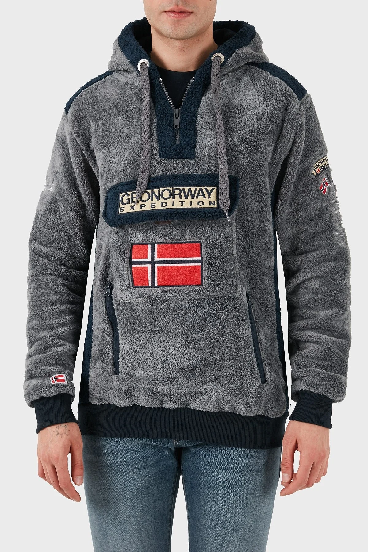 Norway Geographical Kapüşonlu Yarım Fermuarlı Outdoor Polar Erkek Sweat GYMCLASSSHERCO KOYU GRİ - 8