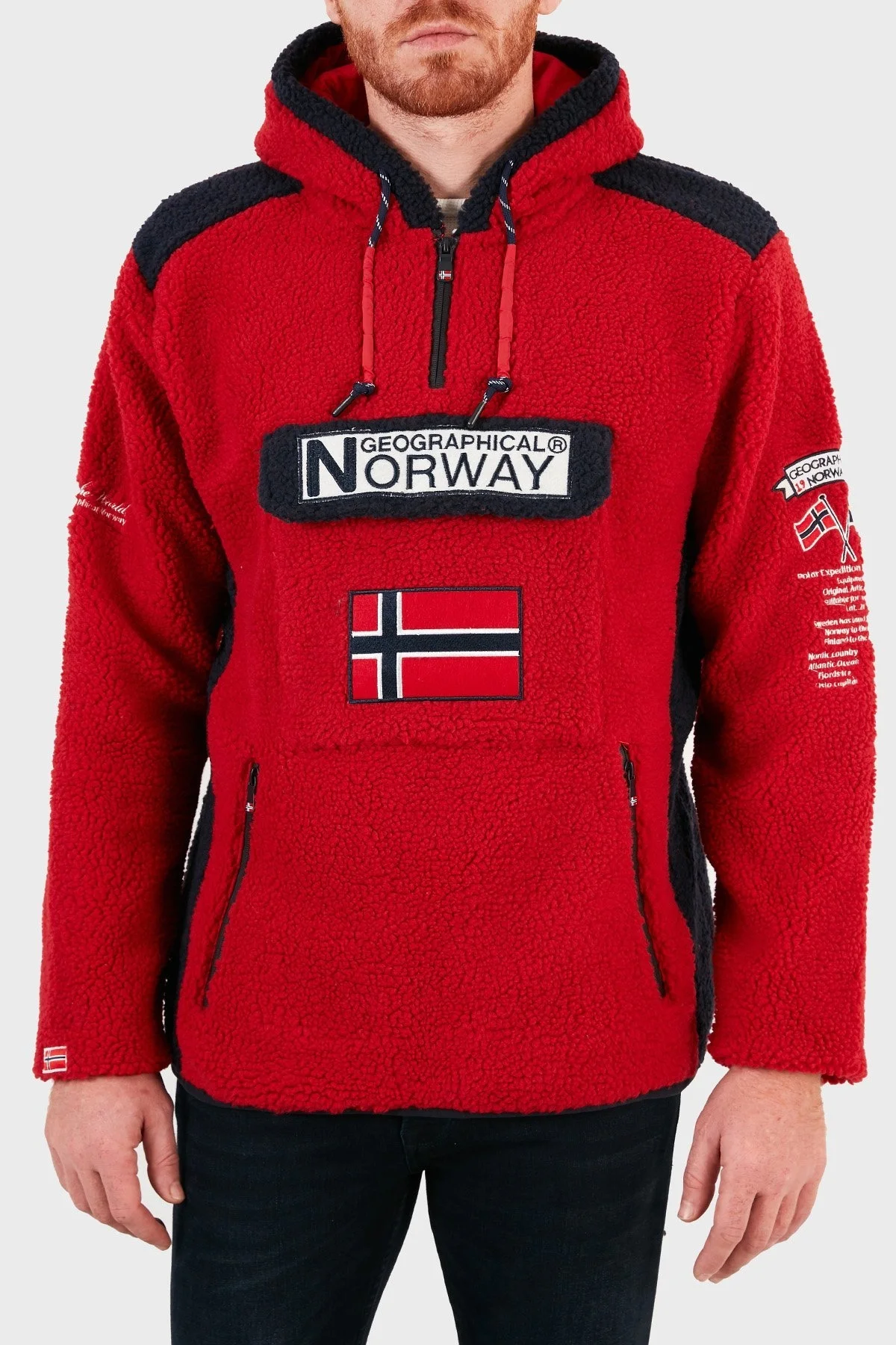 Norway Geographical Kapüşonlu Yarım Fermuarlı Outdoor Polar Erkek Sweat GYMCLASSSHERPA KIRMIZI - 1