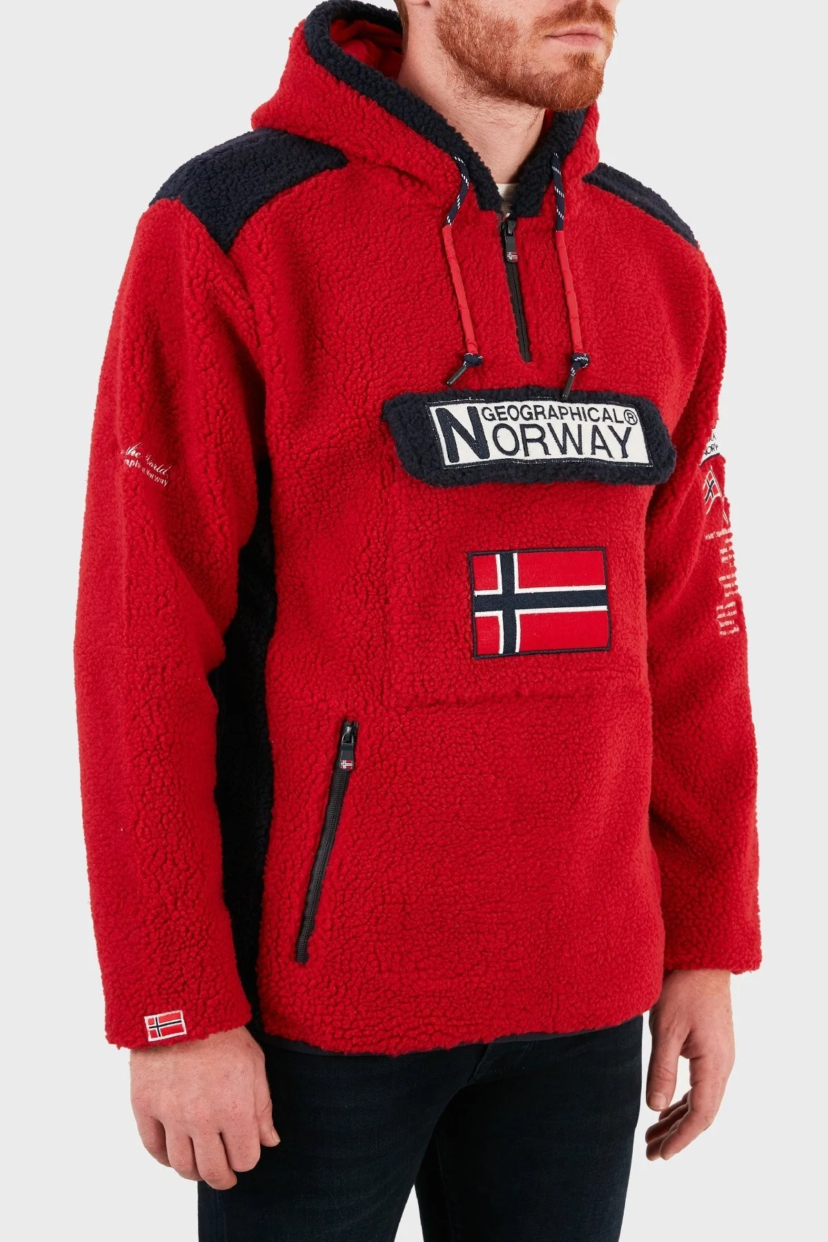 Norway Geographical Kapüşonlu Yarım Fermuarlı Outdoor Polar Erkek Sweat GYMCLASSSHERPA KIRMIZI - 3