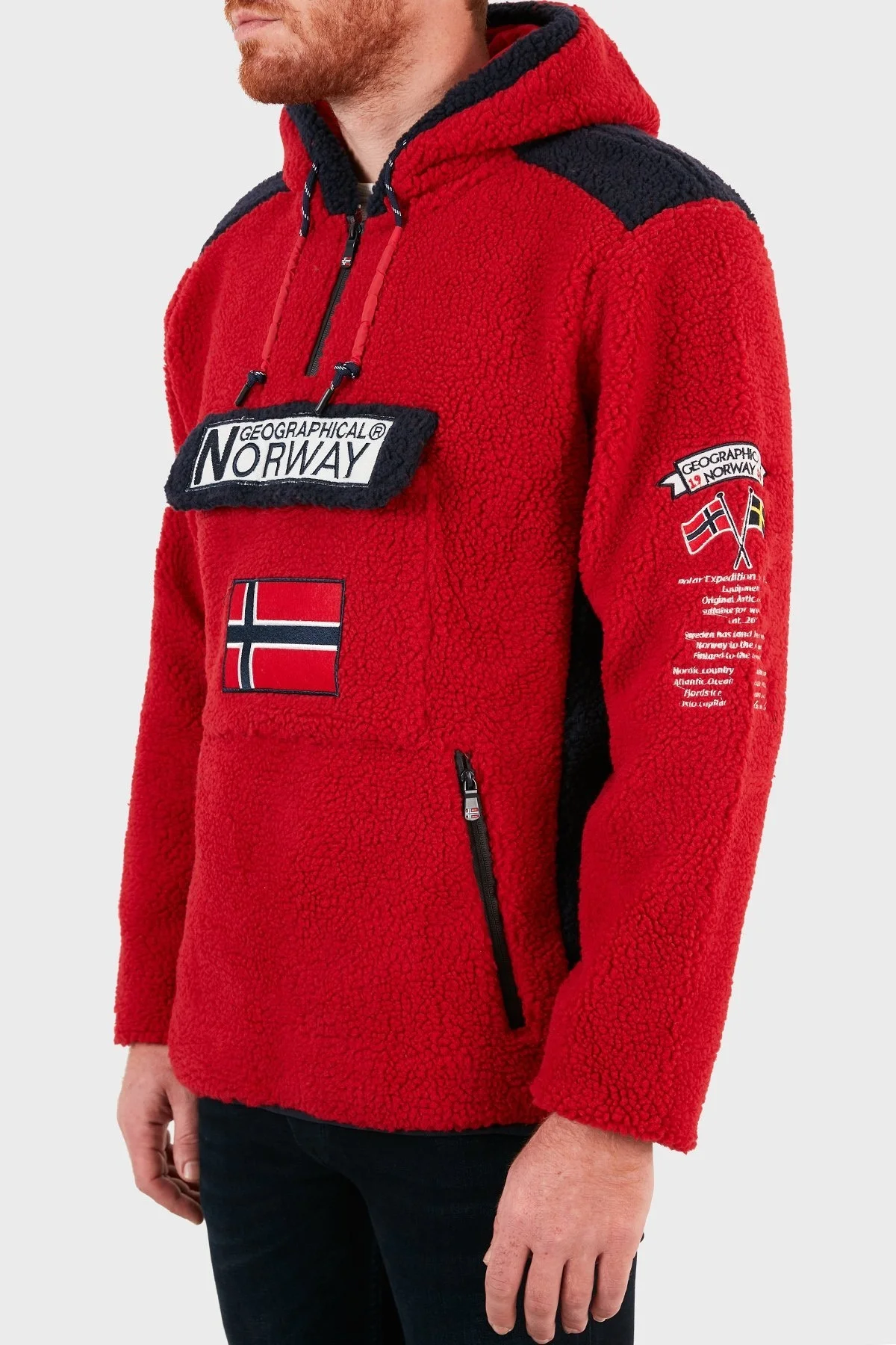 Norway Geographical Kapüşonlu Yarım Fermuarlı Outdoor Polar Erkek Sweat GYMCLASSSHERPA KIRMIZI - 4