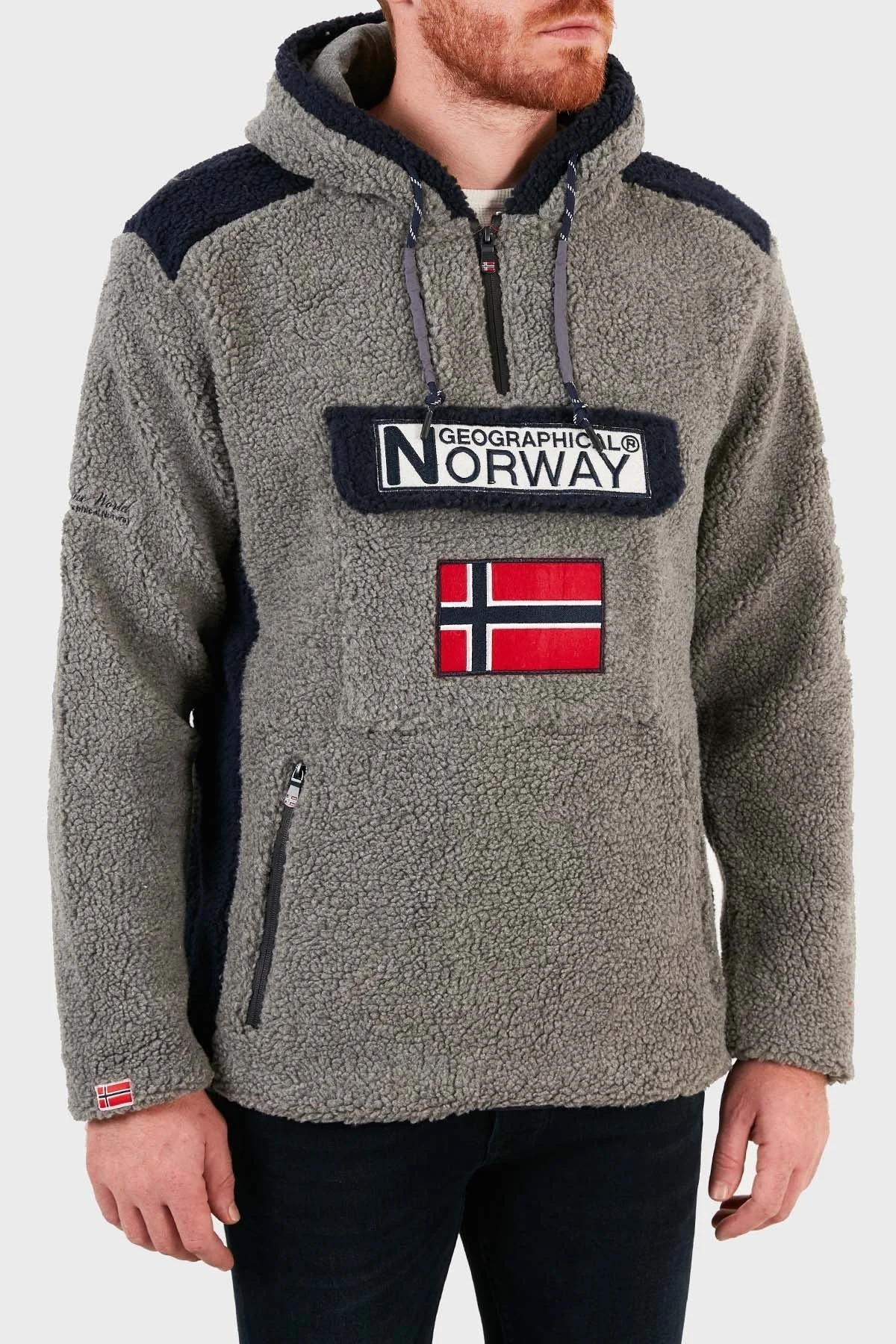 Norway Geographical Kapüşonlu Yarım Fermuarlı Outdoor Polar Erkek Sweat GYMCLASSSHERPA KOYU GRİ - 4