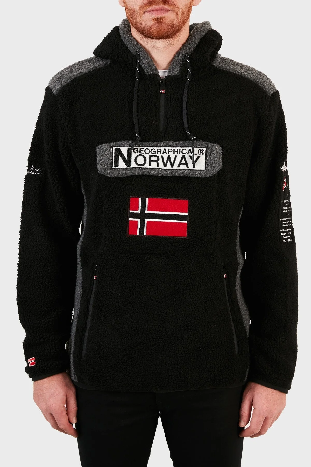 Norway Geographical Kapüşonlu Yarım Fermuarlı Outdoor Polar Erkek Sweat GYMCLASSSHERPA SİYAH - 1