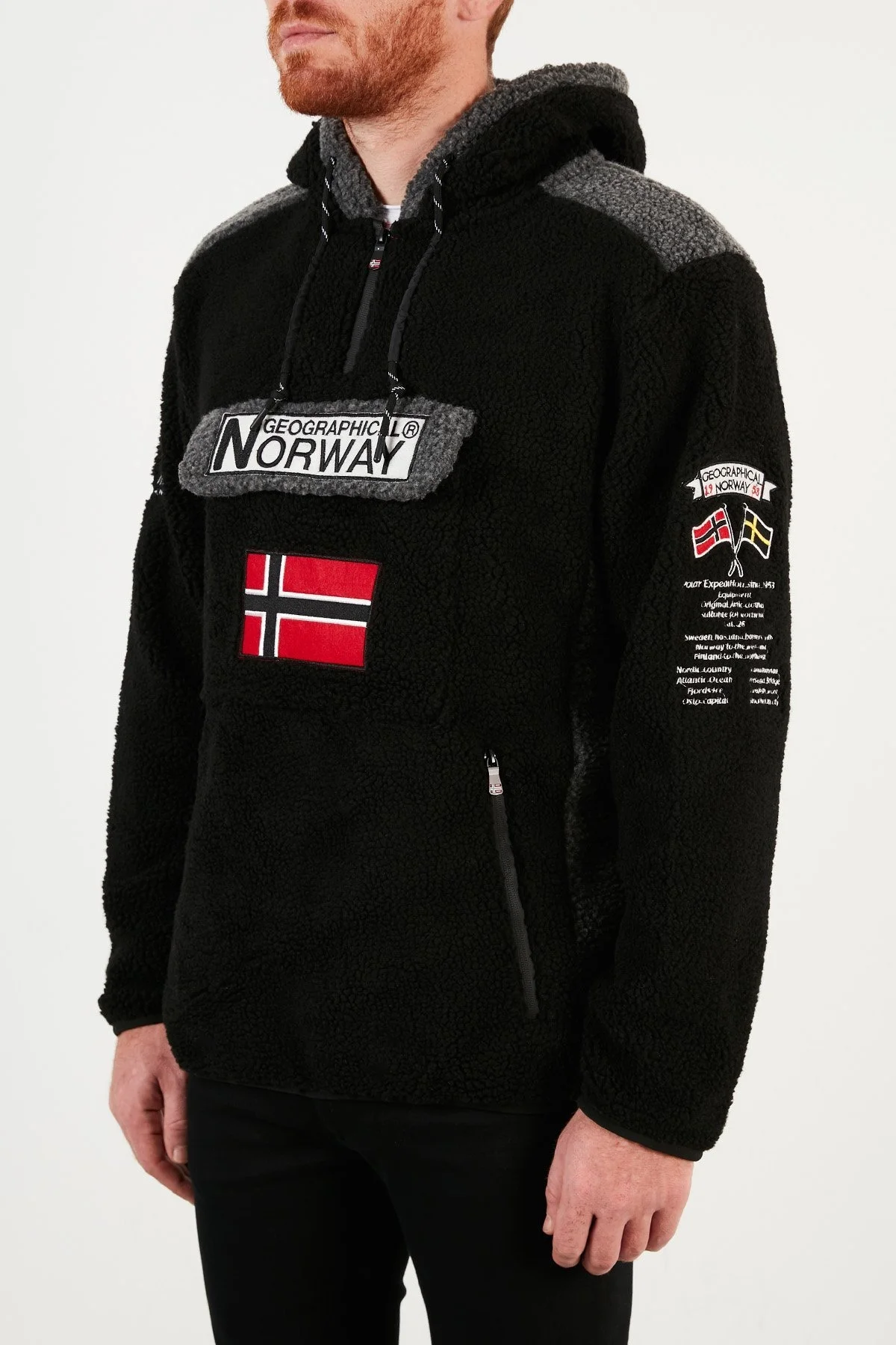 Norway Geographical Kapüşonlu Yarım Fermuarlı Outdoor Polar Erkek Sweat GYMCLASSSHERPA SİYAH - 3