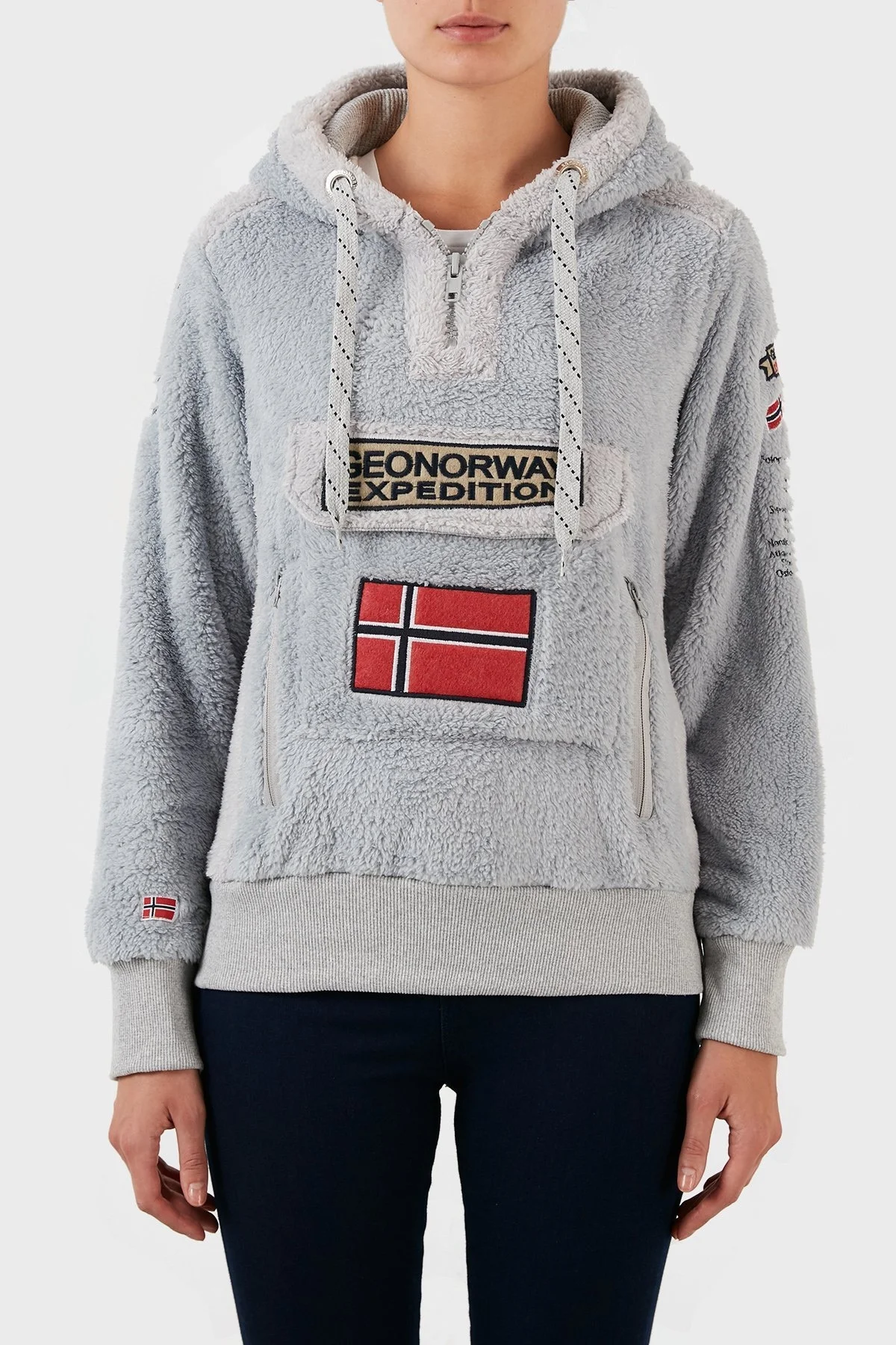 Norway Geographical Pamuklu Yumuşak Dokulu Soğuğa Dayanıklı Kapüşonlu Bayan Polar GYMCLASS SHERCOB AÇIK GRİ - 1