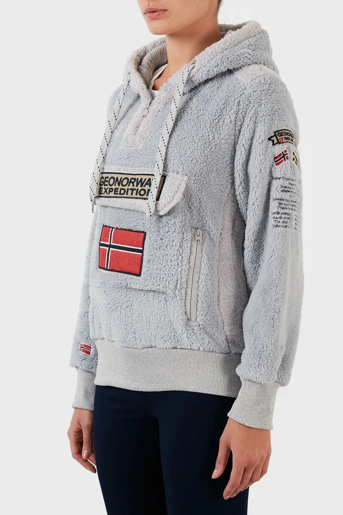 Norway Geographical Pamuklu Yumuşak Dokulu Soğuğa Dayanıklı Kapüşonlu Bayan Polar GYMCLASS SHERCOB AÇIK GRİ - 2