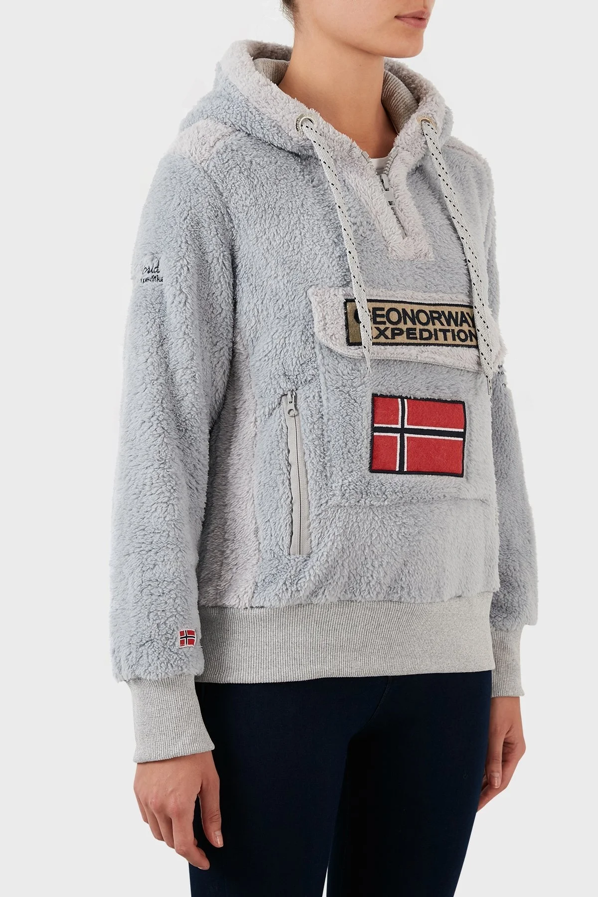 Norway Geographical Pamuklu Yumuşak Dokulu Soğuğa Dayanıklı Kapüşonlu Bayan Polar GYMCLASS SHERCOB AÇIK GRİ - 3