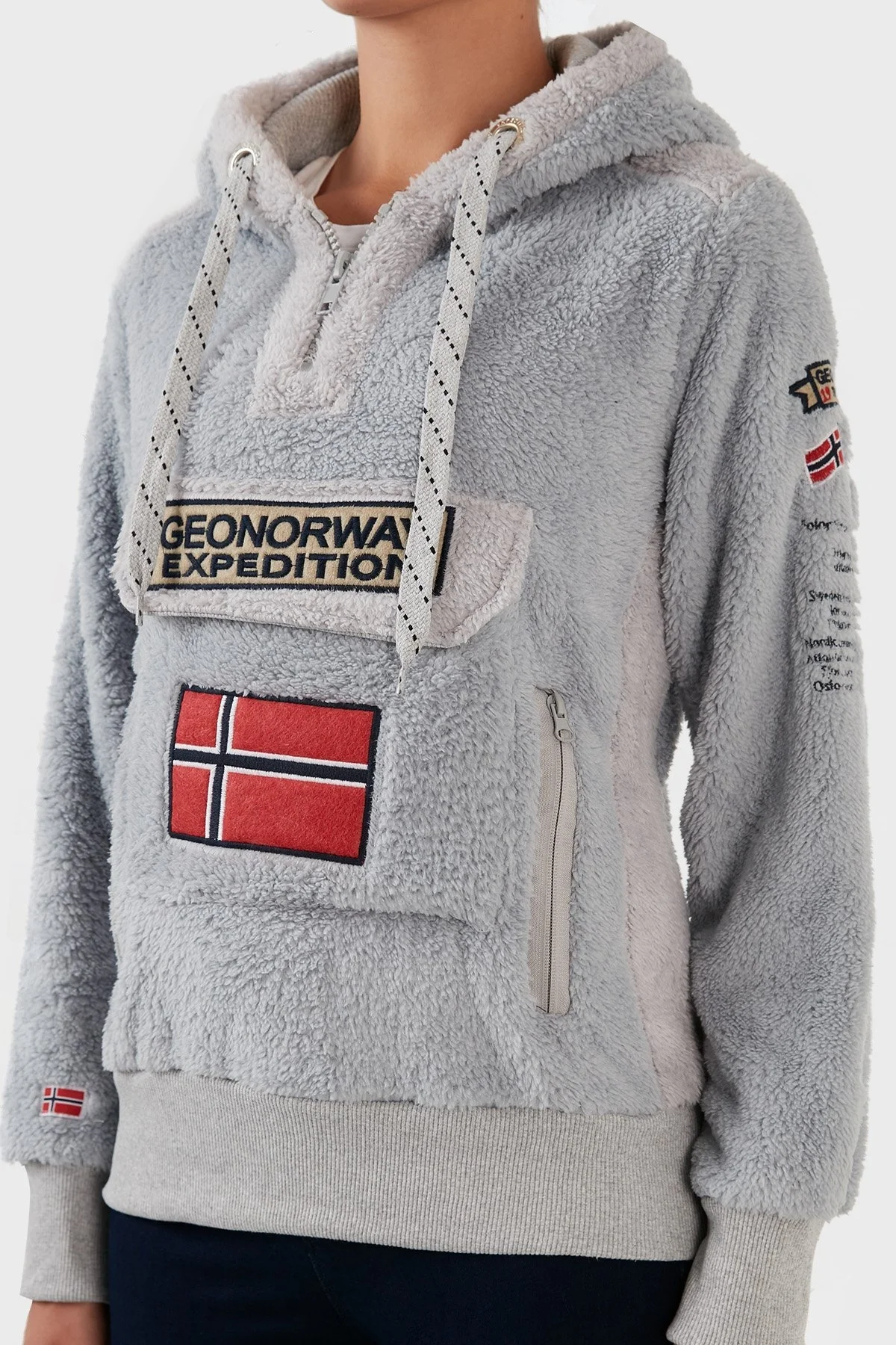 Norway Geographical Pamuklu Yumuşak Dokulu Soğuğa Dayanıklı Kapüşonlu Bayan Polar GYMCLASS SHERCOB AÇIK GRİ - 4