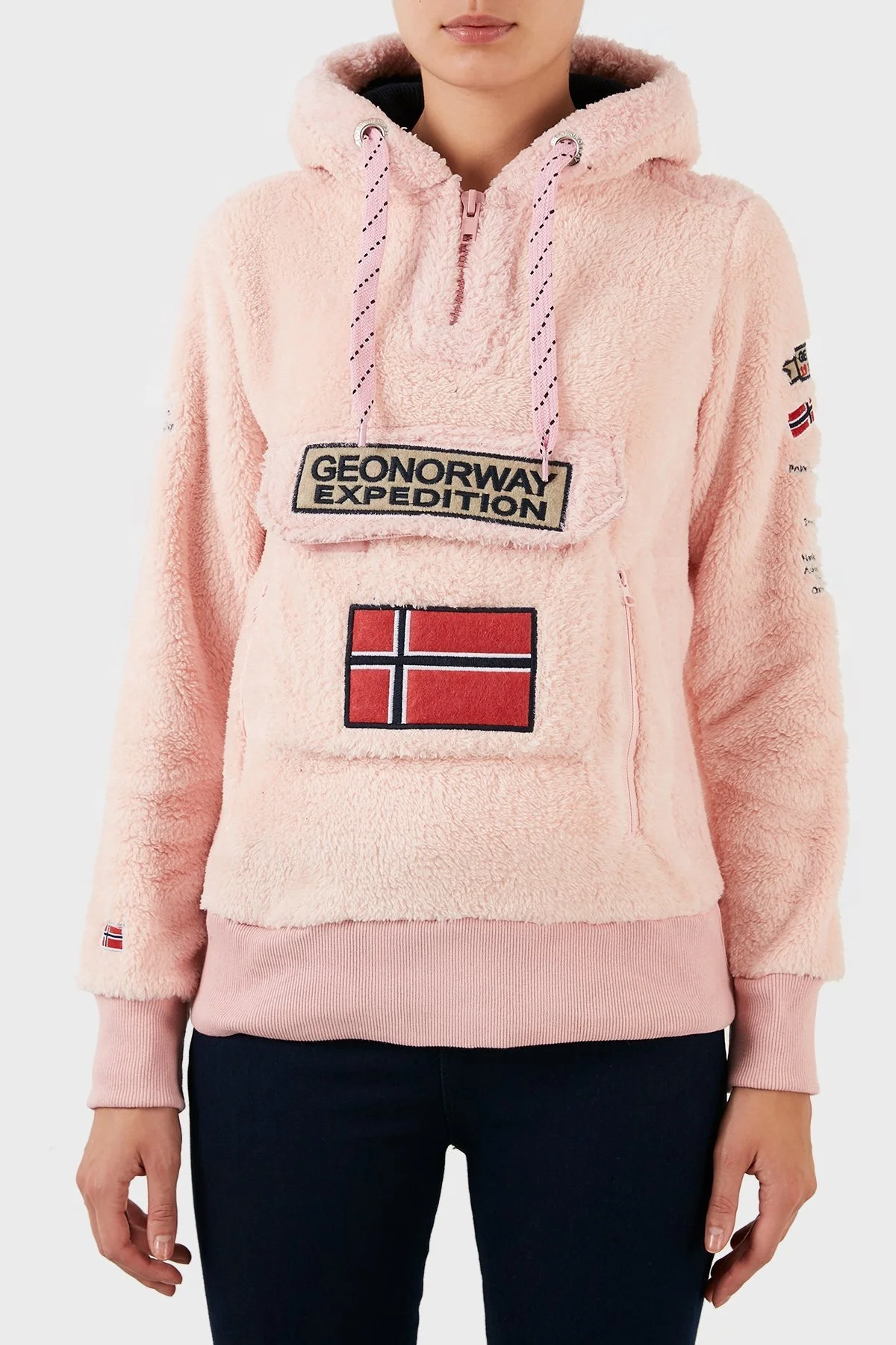 Norway Geographical Pamuklu Yumuşak Dokulu Soğuğa Dayanıklı Kapüşonlu Bayan Polar GYMCLASS SHERCOB PEMBE - 1