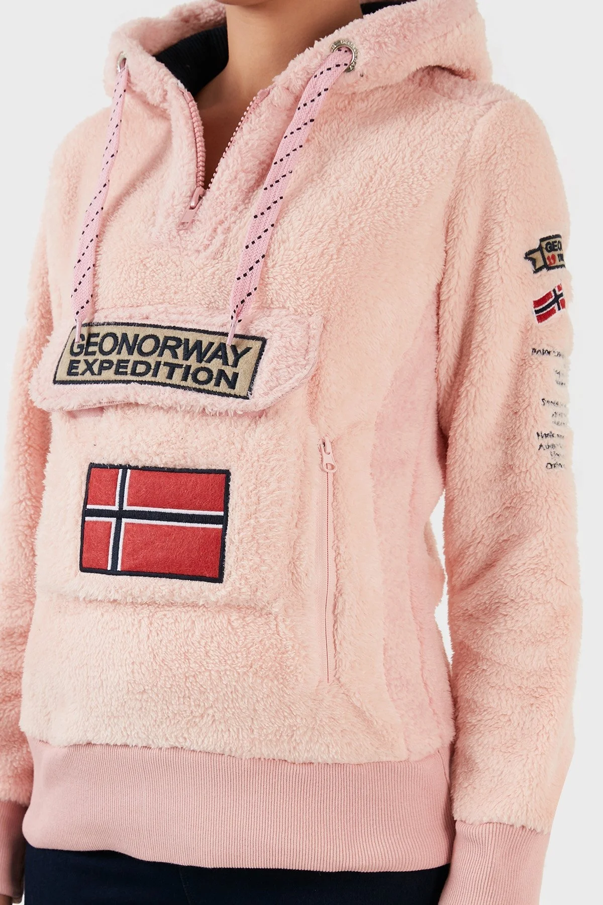 Norway Geographical Pamuklu Yumuşak Dokulu Soğuğa Dayanıklı Kapüşonlu Bayan Polar GYMCLASS SHERCOB PEMBE - 4