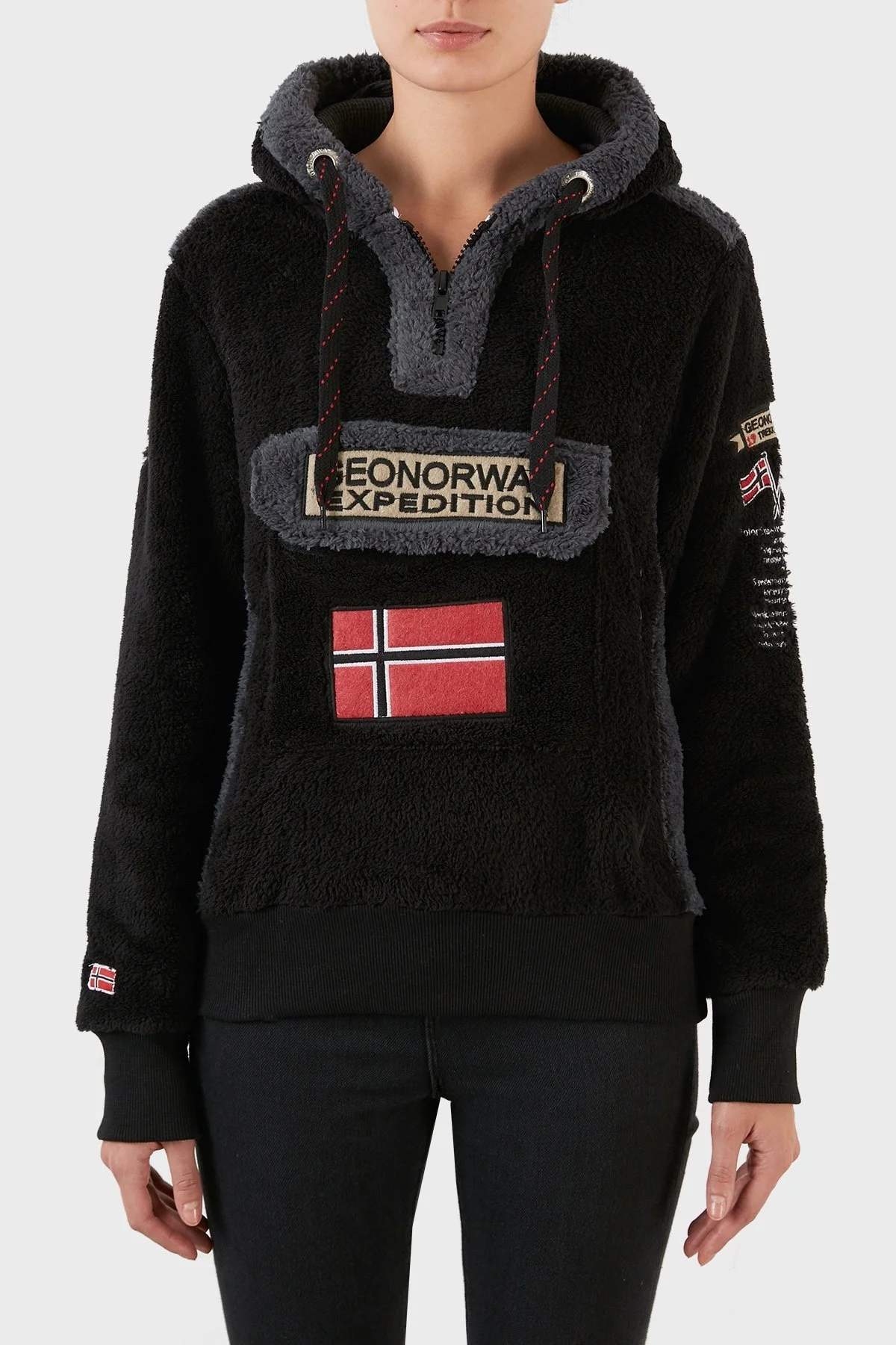 Norway Geographical Pamuklu Yumuşak Dokulu Soğuğa Dayanıklı Kapüşonlu Bayan Polar GYMCLASS SHERCOB SİYAH - 1