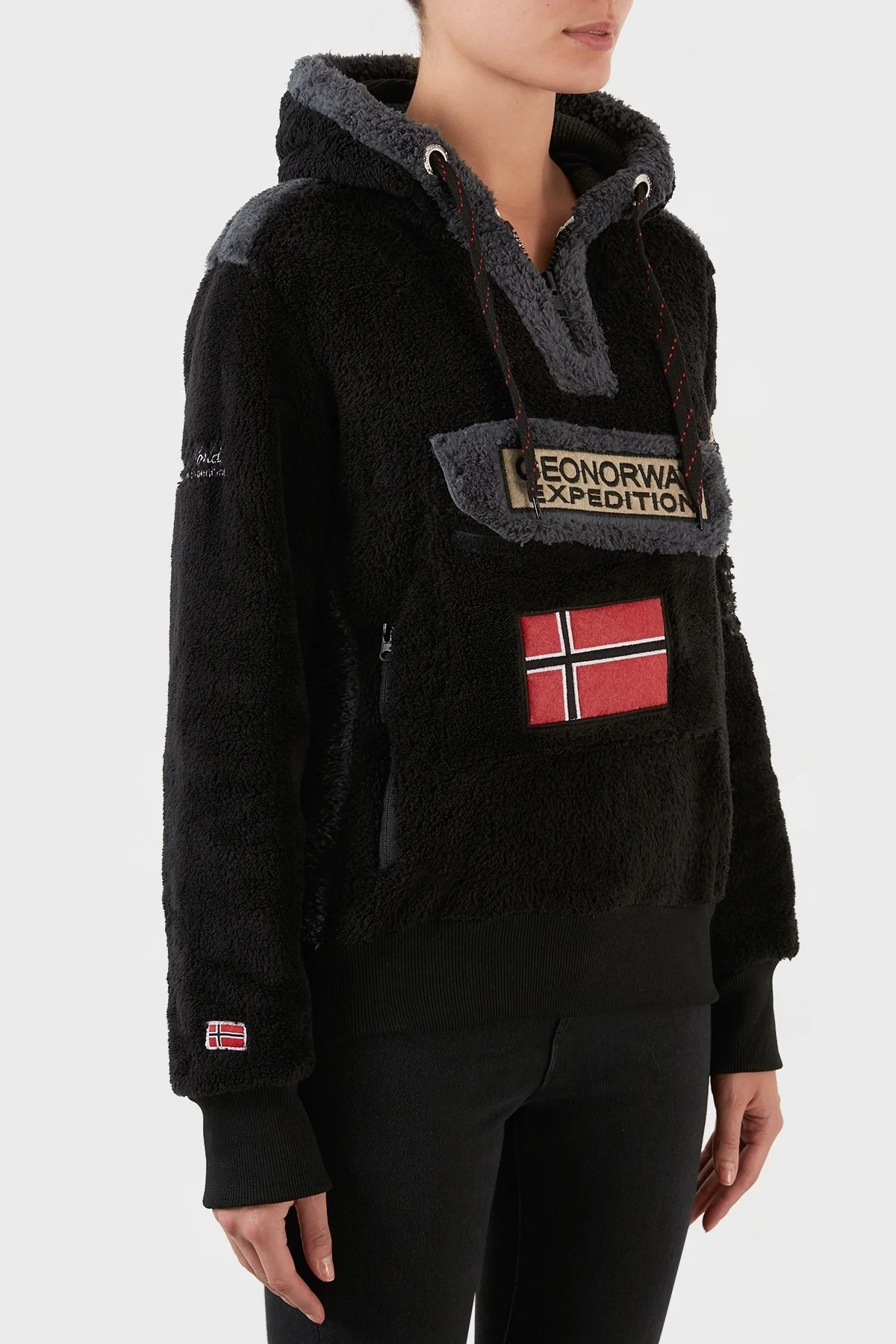 Norway Geographical Pamuklu Yumuşak Dokulu Soğuğa Dayanıklı Kapüşonlu Bayan Polar GYMCLASS SHERCOB SİYAH - 3