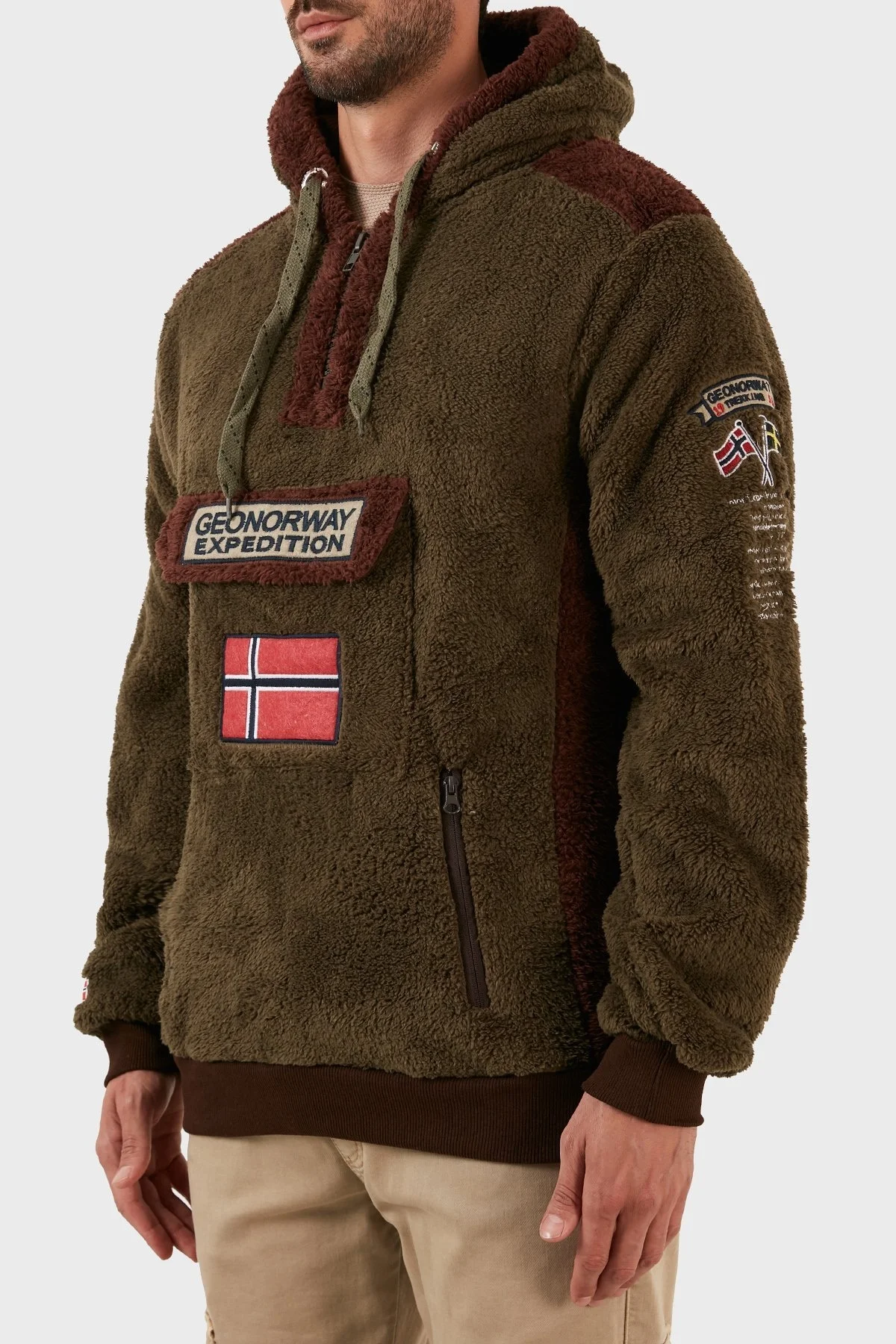 Norway Geographical Pamuklu Yumuşak Dokulu Soğuğa Dayanıklı Kapüşonlu Erkek Polar GYMCLASS SHERCOE KAKİ - 2