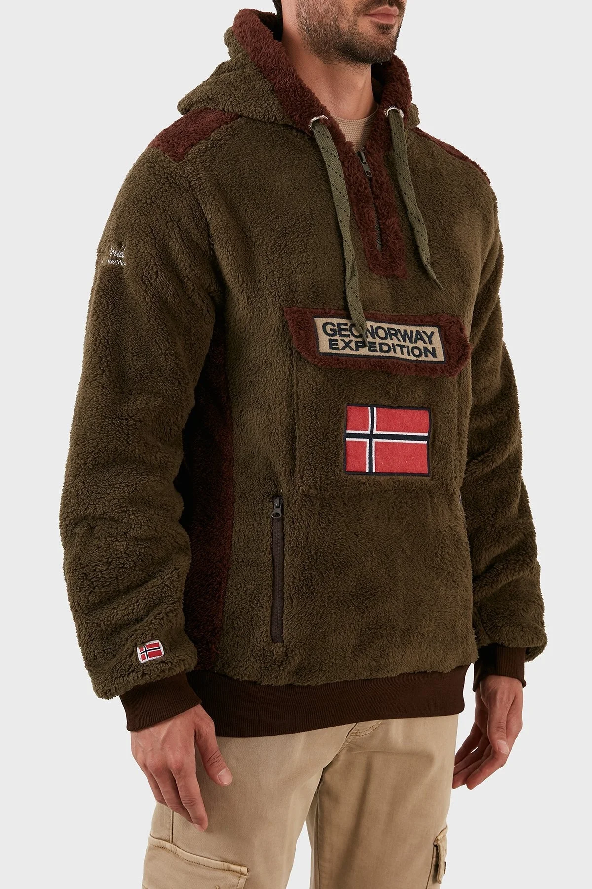 Norway Geographical Pamuklu Yumuşak Dokulu Soğuğa Dayanıklı Kapüşonlu Erkek Polar GYMCLASS SHERCOE KAKİ - 3